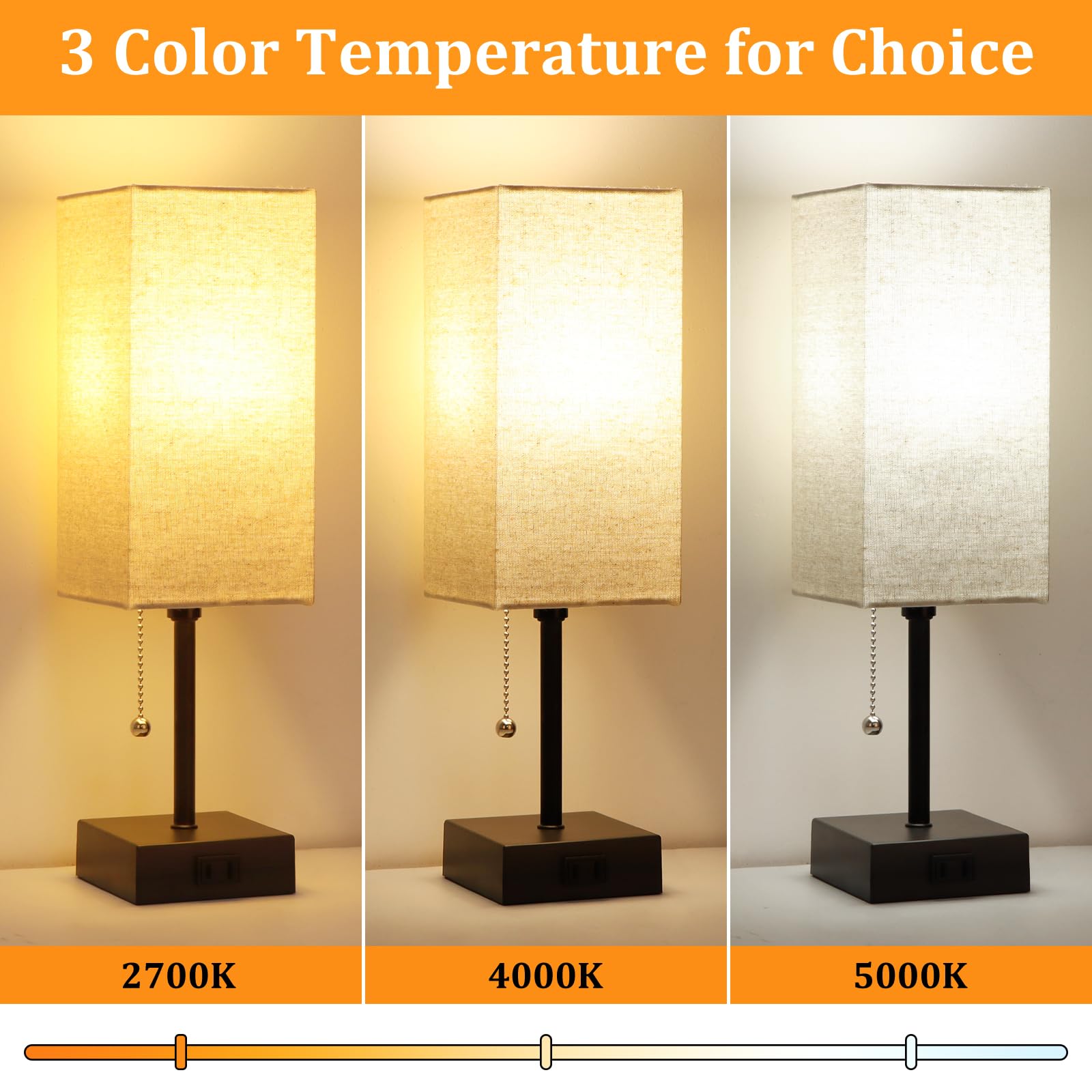 15'' Table Lamp For Bedroom Set Of 2,3-Color Bedside Lamps With Pull Chain Table Lamps For Night Stands With Ac Outlet,Small Nig