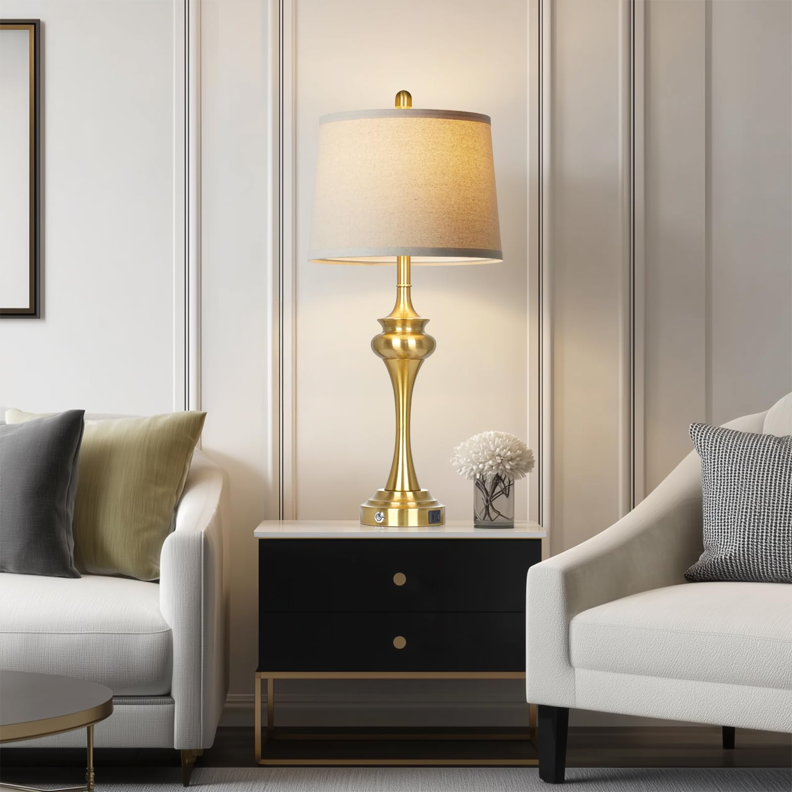 Rinweey 30in Gold Metal Touch Control Table Lamp Set of 2 with USB Ports, Modern Bedside Lighting, Model TD-RW-626