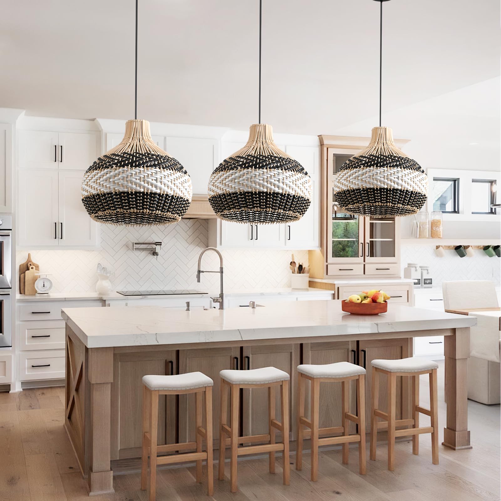 Teru Ji Kaikang 3-Lightrattan Pendant Light,15" Hand-Woven Black White Faux Rattan Hanging Light Boho Basket Wicker Chandelier,For Living Room Bedroom Kitchen Dining Hallway