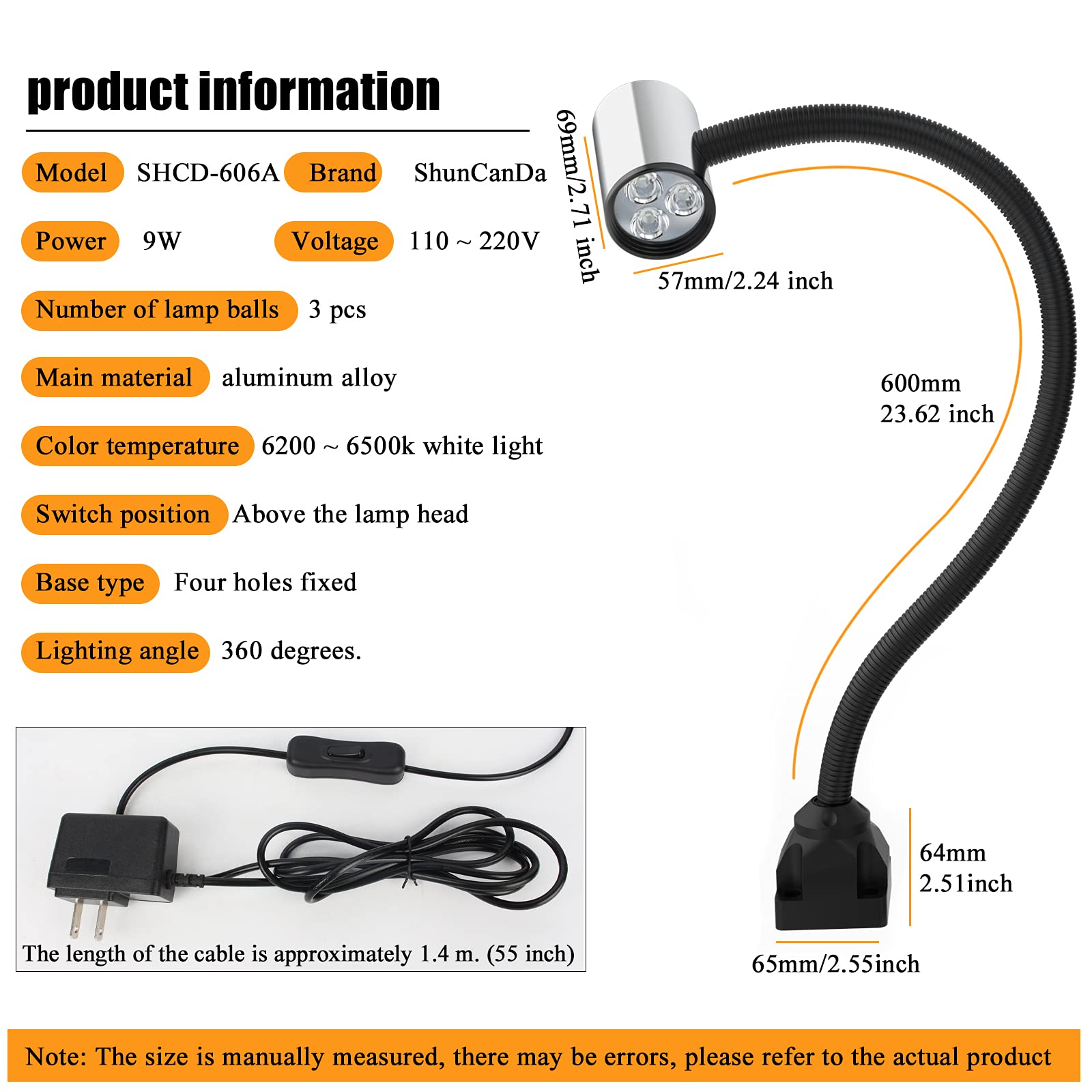 Led Machine Work Light, Ip65 Water Proof 23In Flexible Gooseneck Lamp 900 Lumens 120 Volt For Lathe Milling Drill Press Industri