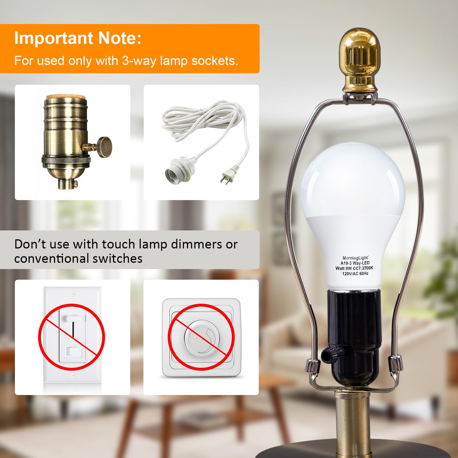 MorningLight A19 3-Way LED Light Bulbs, 15/40/60 Watt Equivalent, 2700K Warm White, E26 Medium Base, 4 Pack