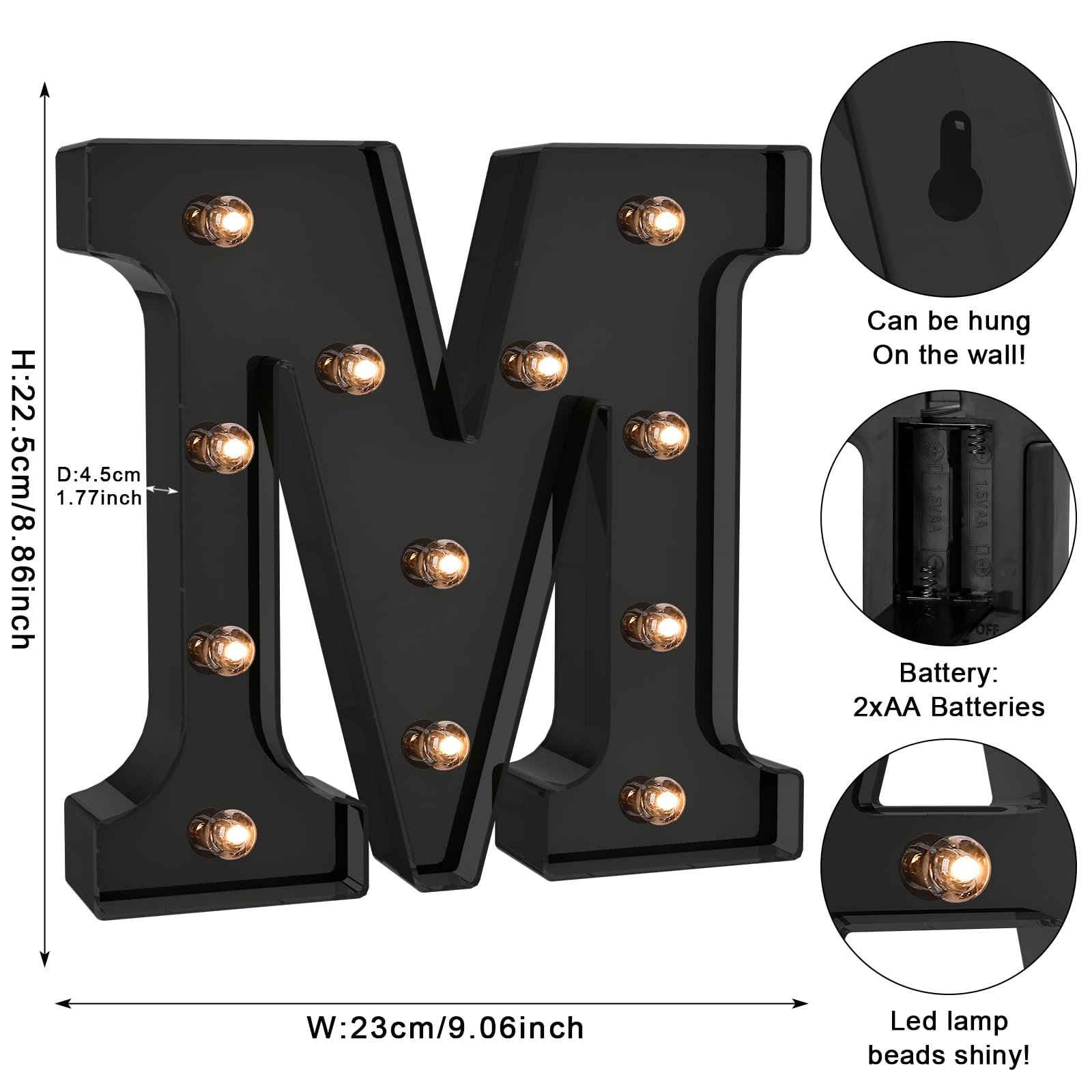 Foaky LED Letter Lights - Black Plastic Alphabet Decor for Bedroom, Weddings, Parties - Size M, Model Black-25