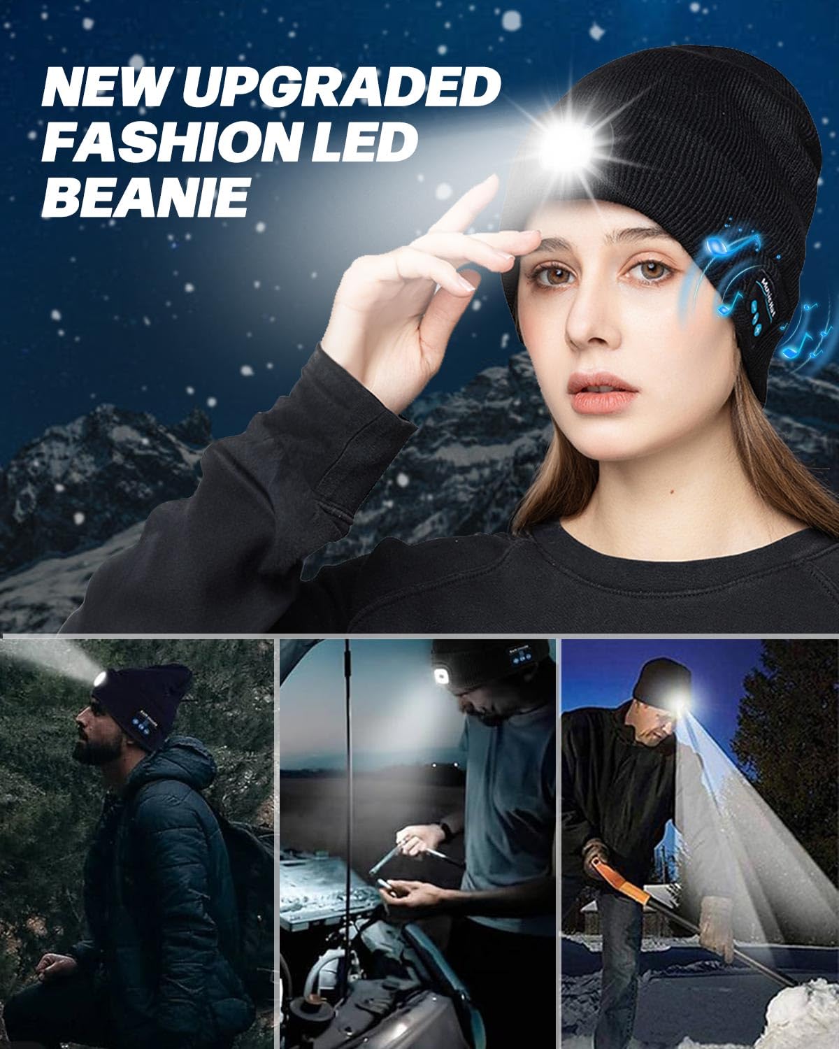 MOXTOYU Bluetooth Beanie with Light, USB Rechargeable Winter Hat, Black, Model M1-BL20, Perfect for Running, Hiking, and Skiing