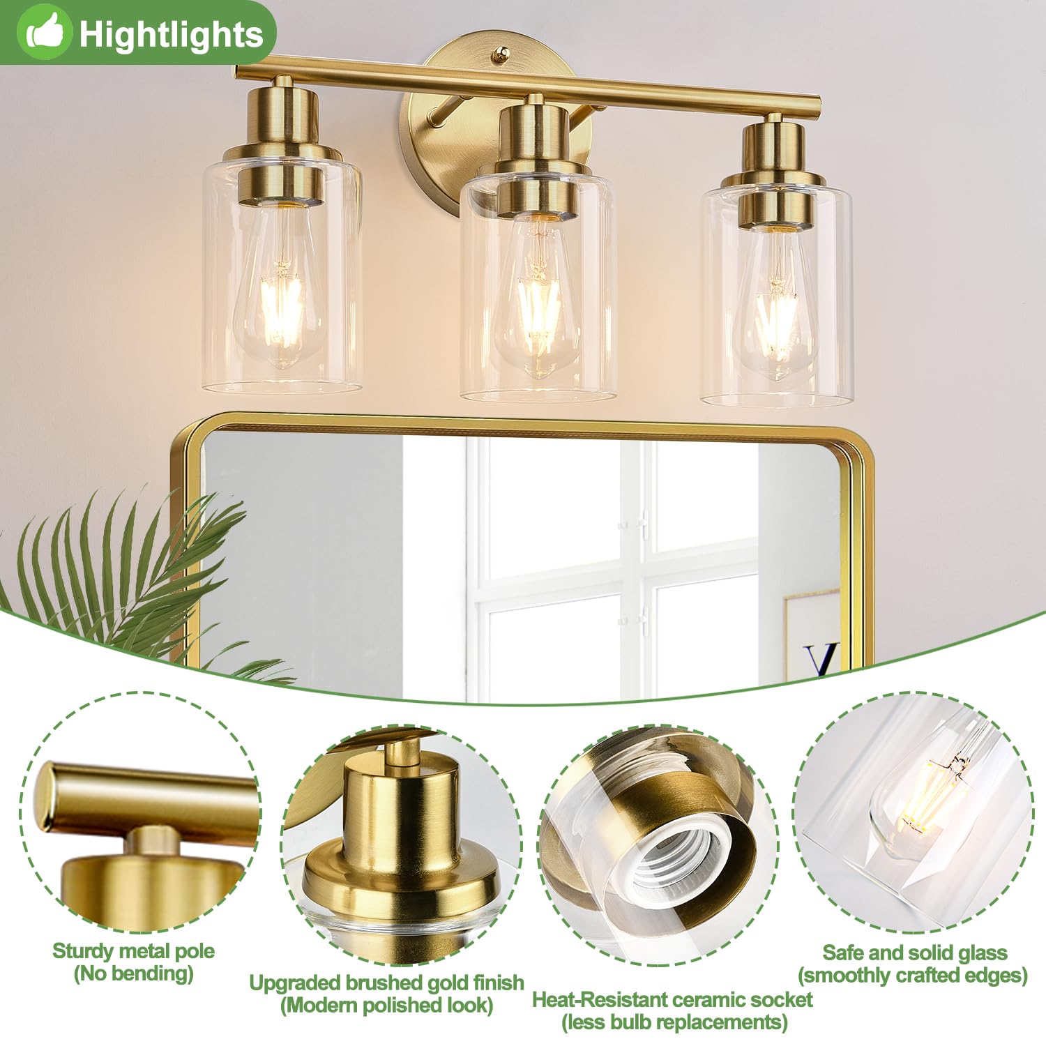 Zarbitta 3-Light Gold Bathroom Vanity Light Fixture, Brushed Brass with Clear Glass Shade, Modern Wall Mount for Mirror, Kitchen, Bedroom