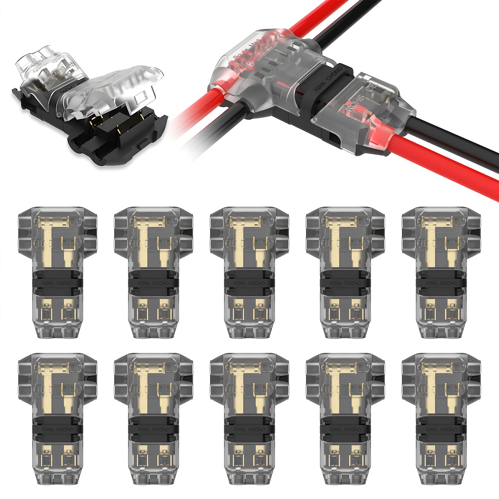 VISDOLLT Tap Wire Splitter Connectors 3 Way 2 Pin Low Voltage Wire Connectors for 14-20 AWG, 10Pcs Solderless No Wire Stripping 