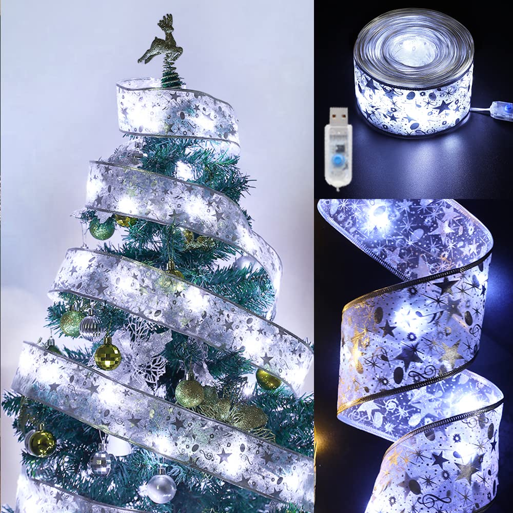 GIHOO Christmas Tree Decorations String Lights 32ft 100 LED Lights Copper Wire Ribbon Bows Lights for Party Weddings Holiday Christmas Tree Decorations (Width 5cm Silvery Cold Light)
