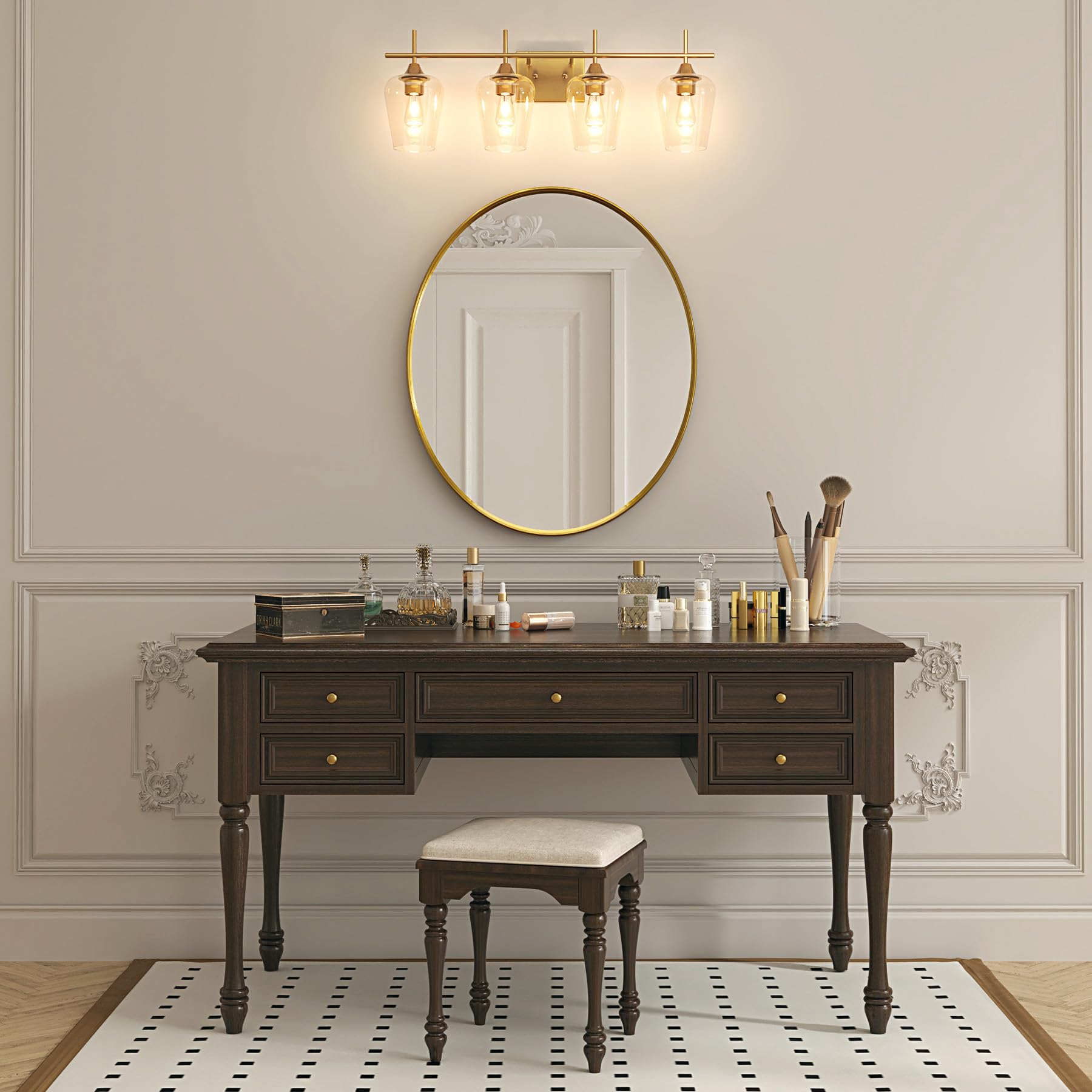 VONLUCE 4-Light Bathroom Vanity Light Fixture, Modern Gold Wall Lamp with Clear Glass for Mirror, Model HCF2804GD