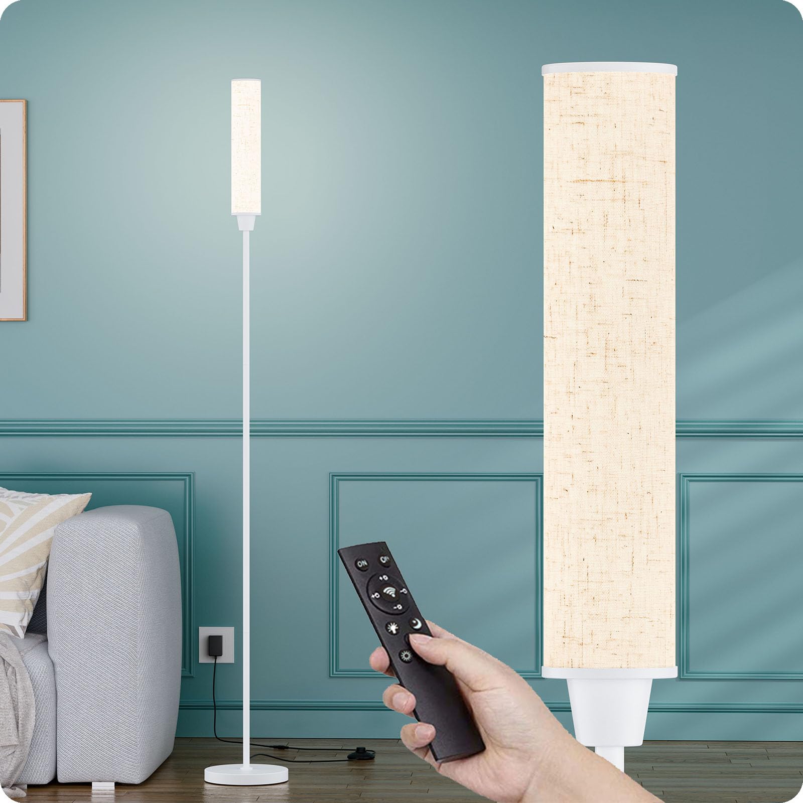 Nukanu Floor Lamp with Remote Control, Adjustable 3000K-6000K, 10-100% Brightness, White/Beige Linen, Model FLP-DHY