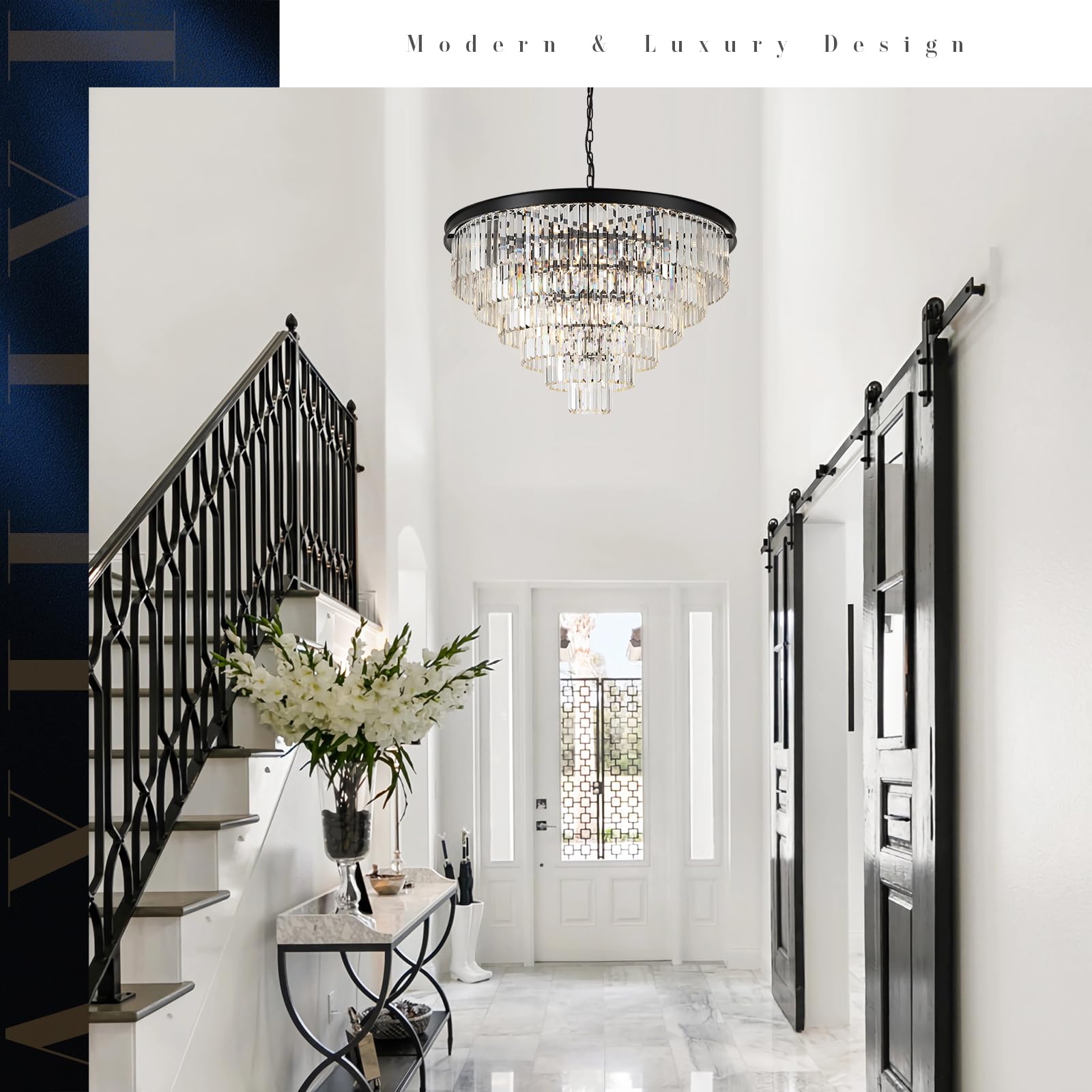 A AXILIXI 35in  Black Crystal Chandelier, 5-Tier, 22-Light, Metal Ceiling Pendant Light, Model DH88318