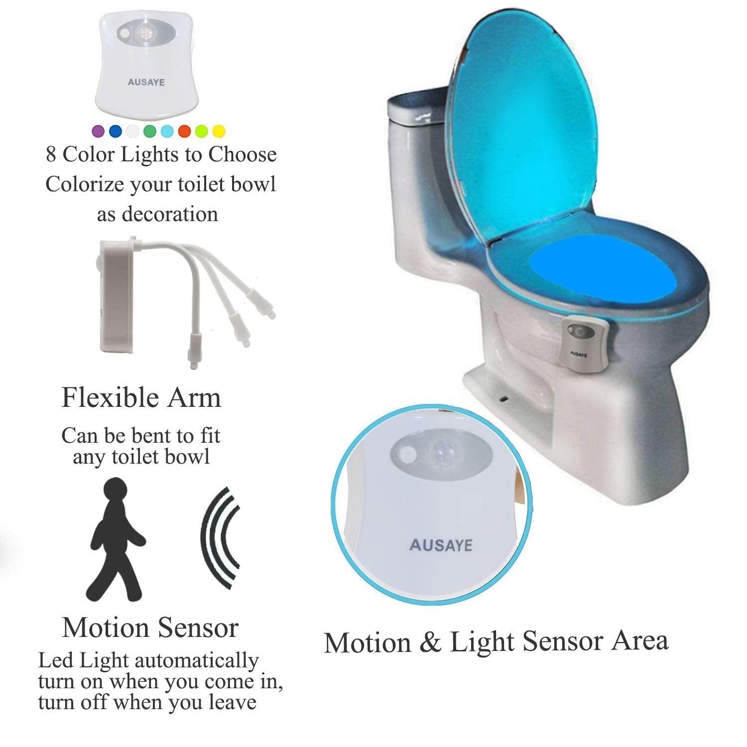 Ausaye 3 Pack Toilet Night Light 8-Color Toilet Lights Motion Detection, Toilet Bowl Nightlight Bathroom For Christmas Stocking Stuffers