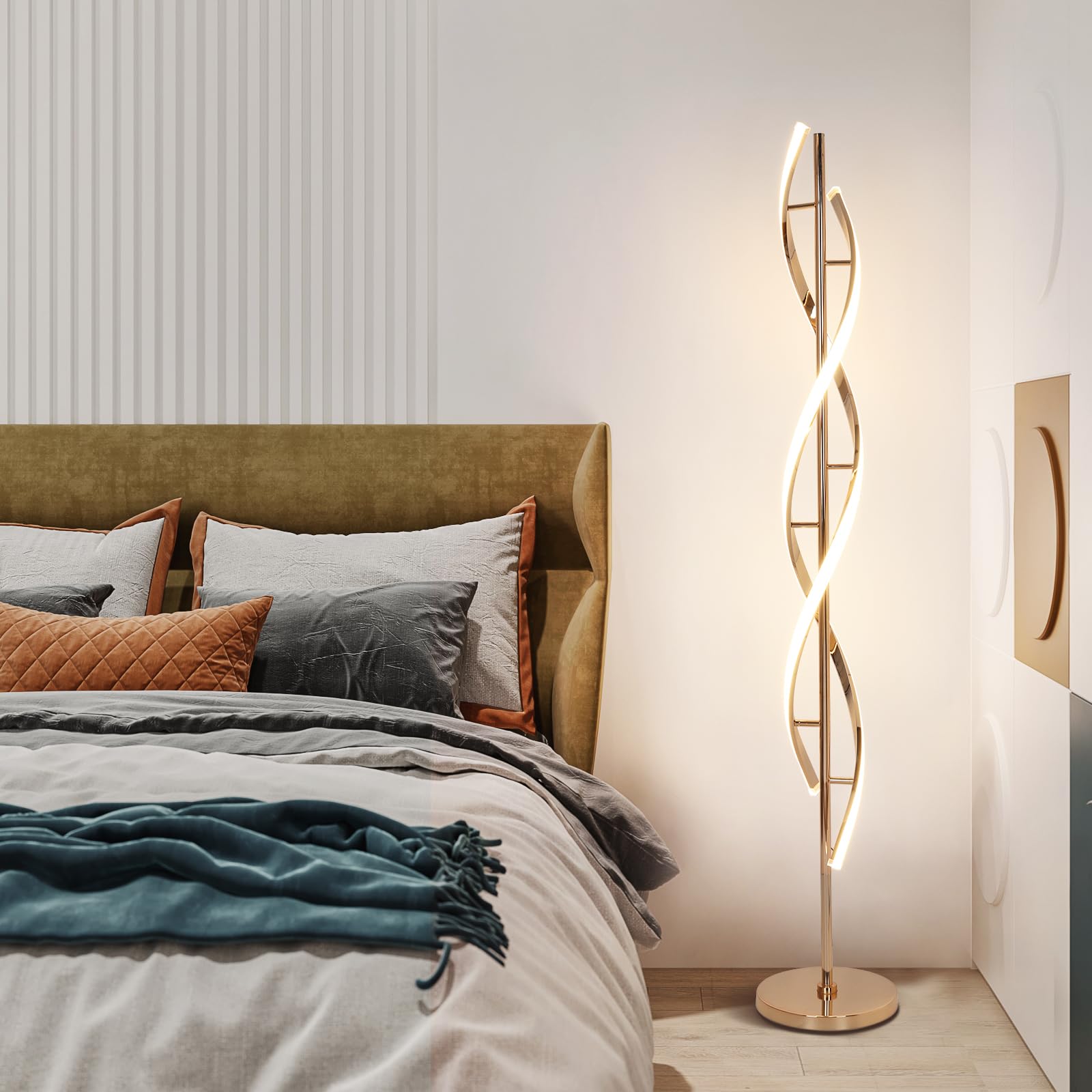 EIDEARAY LED Modern Floor Lamp, 40W Dimmable, Color-Changing, 60" Spiral Design, Gold, Model LDD-G1