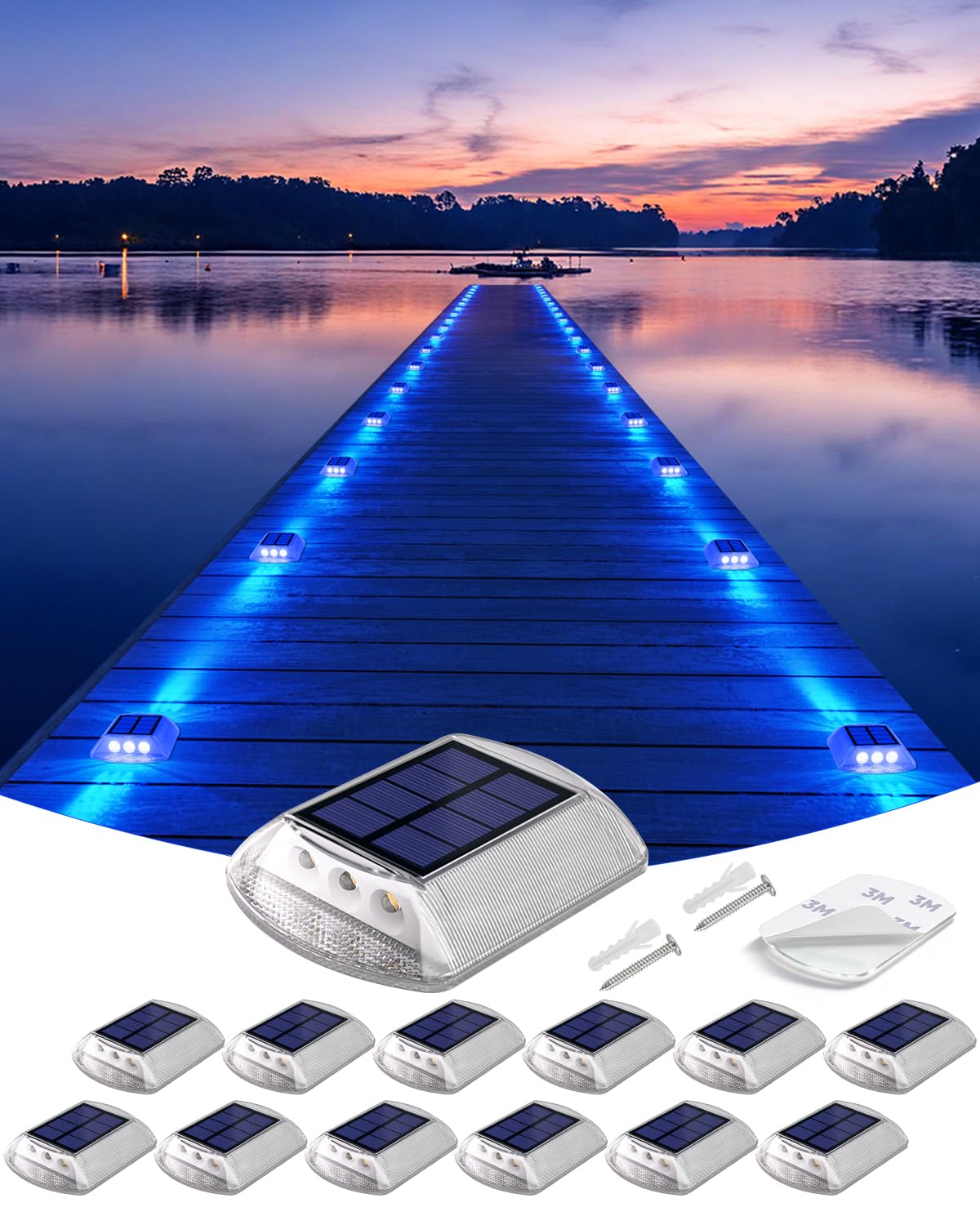 Detarzinled Solar Driveway Lights Outdoor, 12 Pack IP68 Waterproof Dock Deck Lights Solar Powered, Stick on & Screw Blue Markers