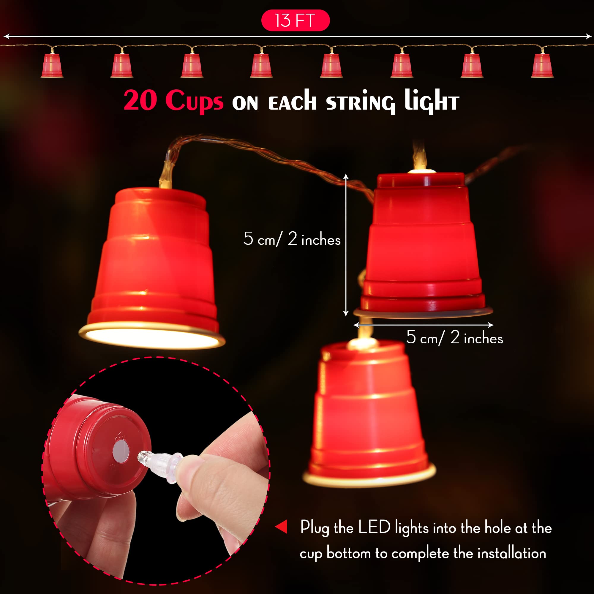 Hiboom 2 Pack 13 Ft 20 Led Cups String Lights, Mini Shot Cups Fairy Light Decoration, Battery Operated White Trash Party Led Novelty Flip Cup Decor For College Graduation Party Supplies Home (Red)