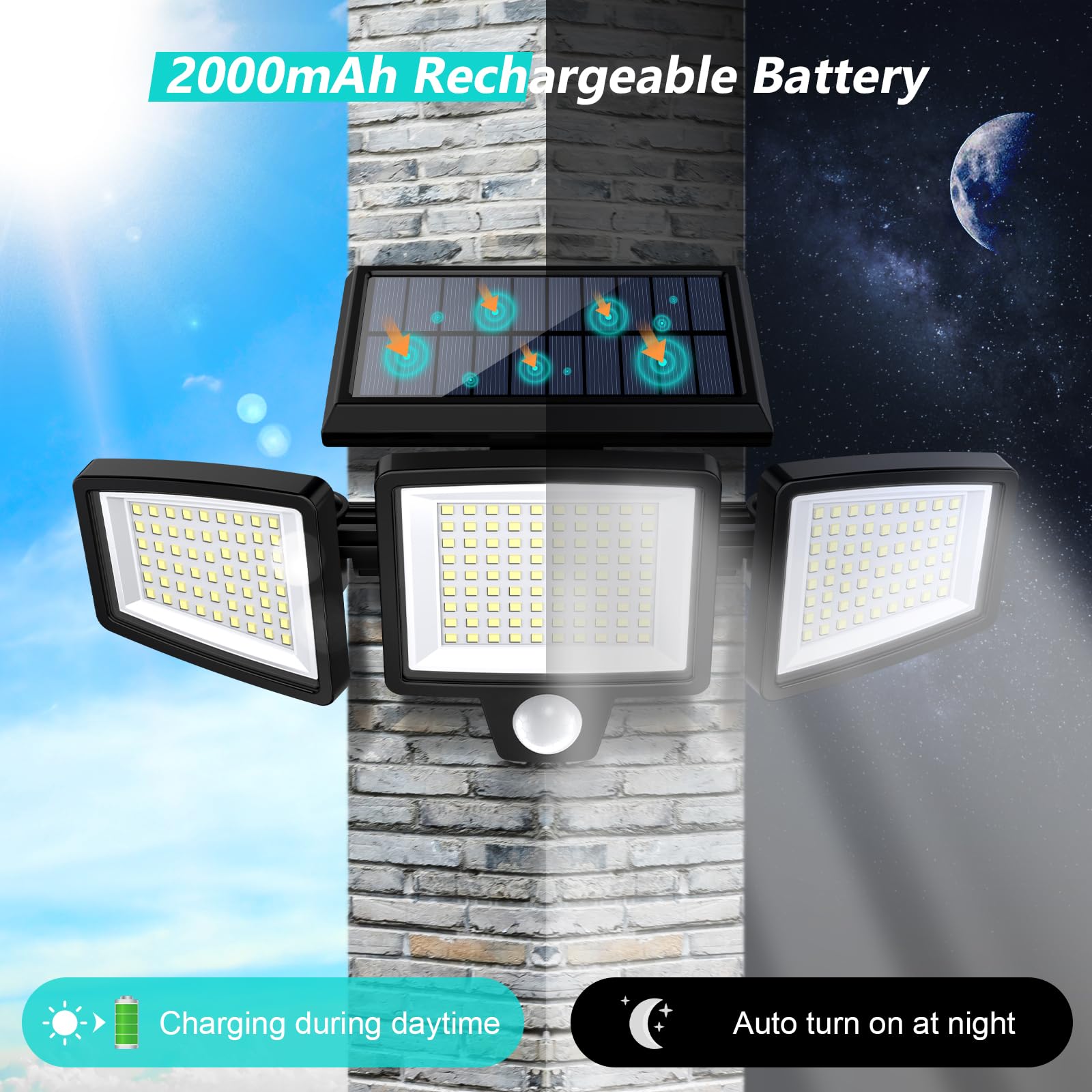 Tuffenough Solar Outdoor Lights 2500LM, 210 LED Motion Sensor Flood Lights, IP65 Waterproof, 3 Heads, Black, 1 Pack