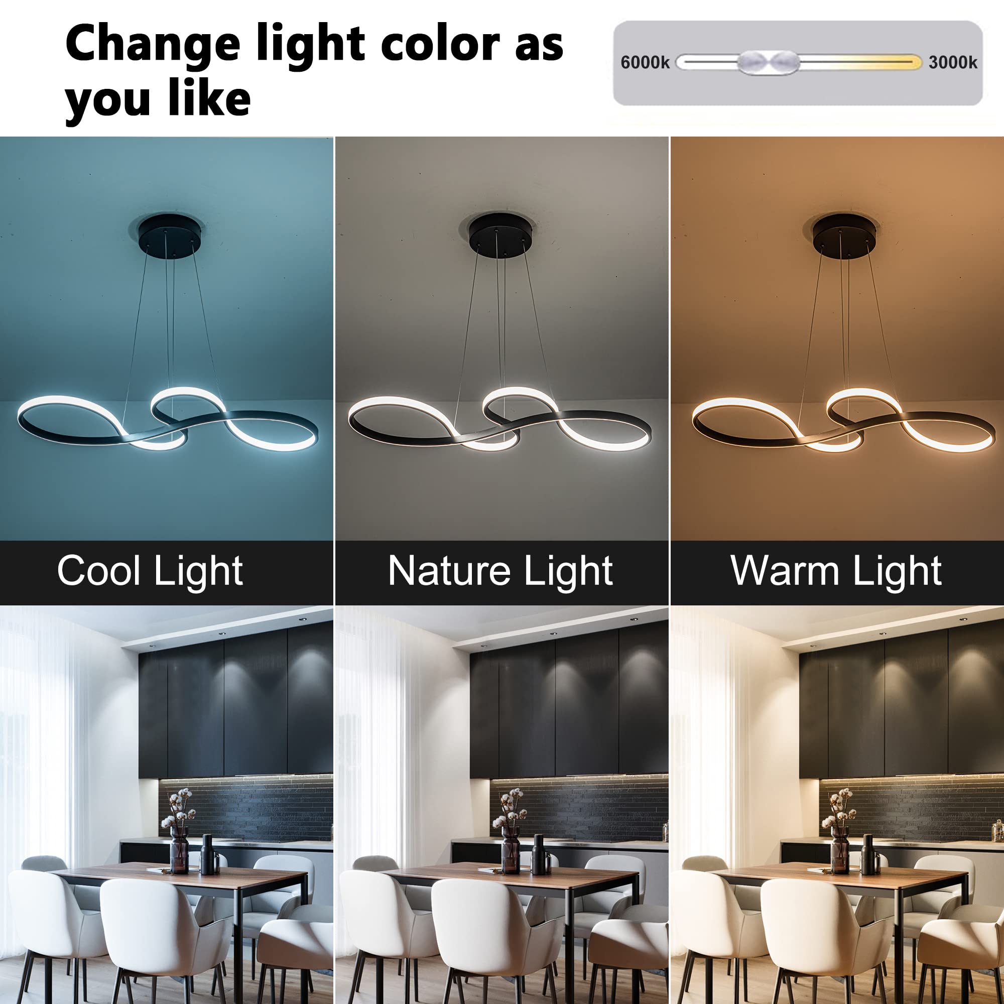 SUNMOO Modern LED Chandelier Pendant Light 50W Dimmable Adjustable 3000-6000K Black, Model PL21-WGDD-60W-26 for Dining Room, Living