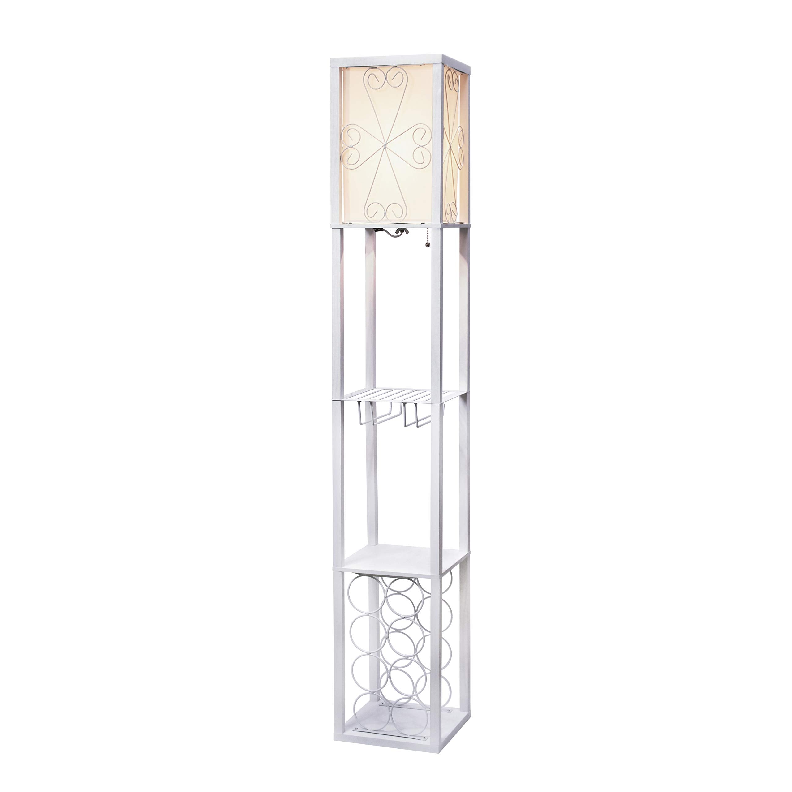 Simple Designs Lf1015-Wht Three Shelf Etagere Organizer Storage And Wine Rack Floor Lamp With White Linen Shade, White