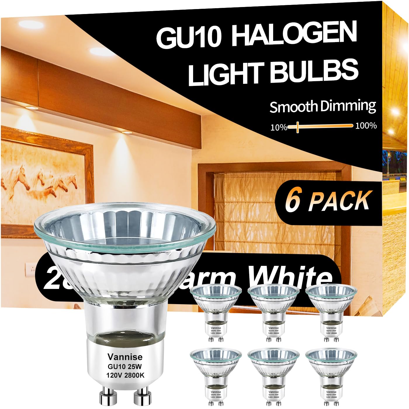 Vannise MR16 GU10 Bulb 25W  6 Pack High Output GU10 Halogen Bulb with GU 10 Base  GU 10 Dimmable  NP5 G U10 120V 25W Bulb Candle Warmer 2800K Warm White  GU1 0+C 120V 2 5W Bu lb for Track Lighting