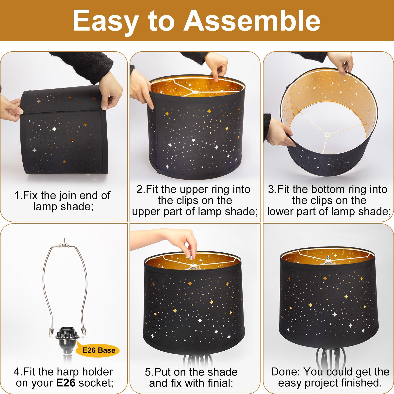 Seaside Village Black Drum Lampshades Set of 2, Sky Stars Design, 12.6inx12.6inx9.8in, Fabric & PVC