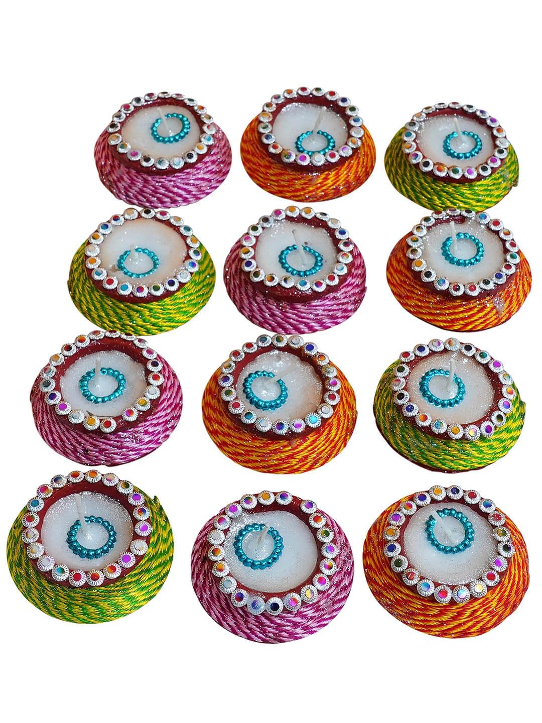 TIED RIBBONS Set of 12 Decorative Handmade Clay Wax Filled Matki Diyas Diya Deepak for Diwali Decoration Home Puja Pooja Room Of