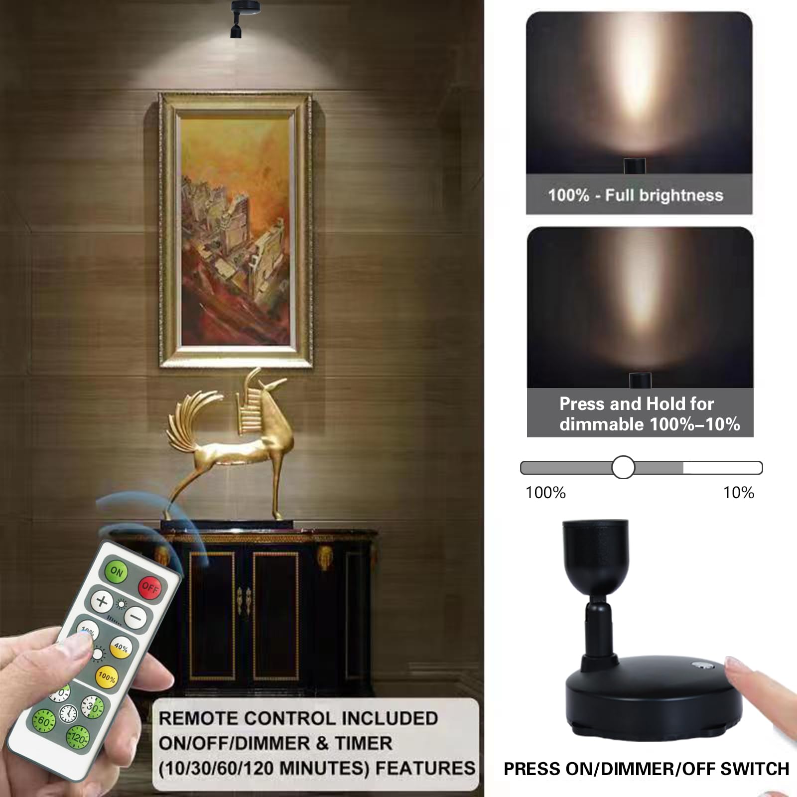 Hamvidne Wireless Led Spotlight, Battery Powered Picture Lights, Uplighting Indoor, Puck Lights With Remote, Small Spot Lights For Wall Display Dartboard Painting Artwork Closet-Natural White