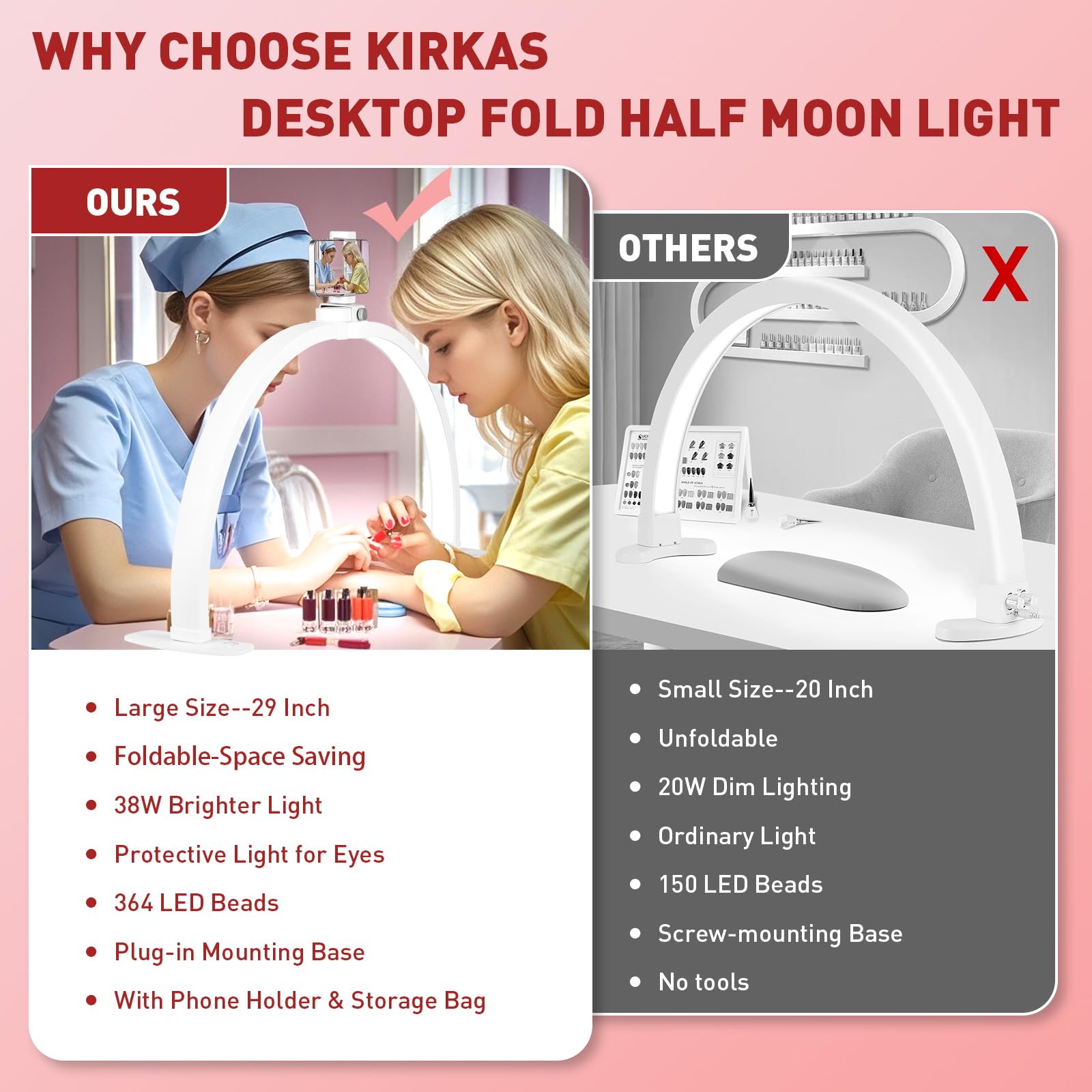 Kirkas Half Moon Light For Nail Desk With Phone Stand, 29In Foldable Arch Light For Nail Tech, 3 Color Modes & 10 Brightness Nai