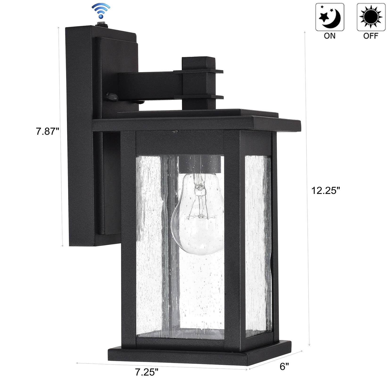 MICSIU Outdoor Wall Sconce, Dusk to Dawn Sensor, Black Metal, Clear Seedy Glass, 12.25 Inch, Model 22031S-BK-P