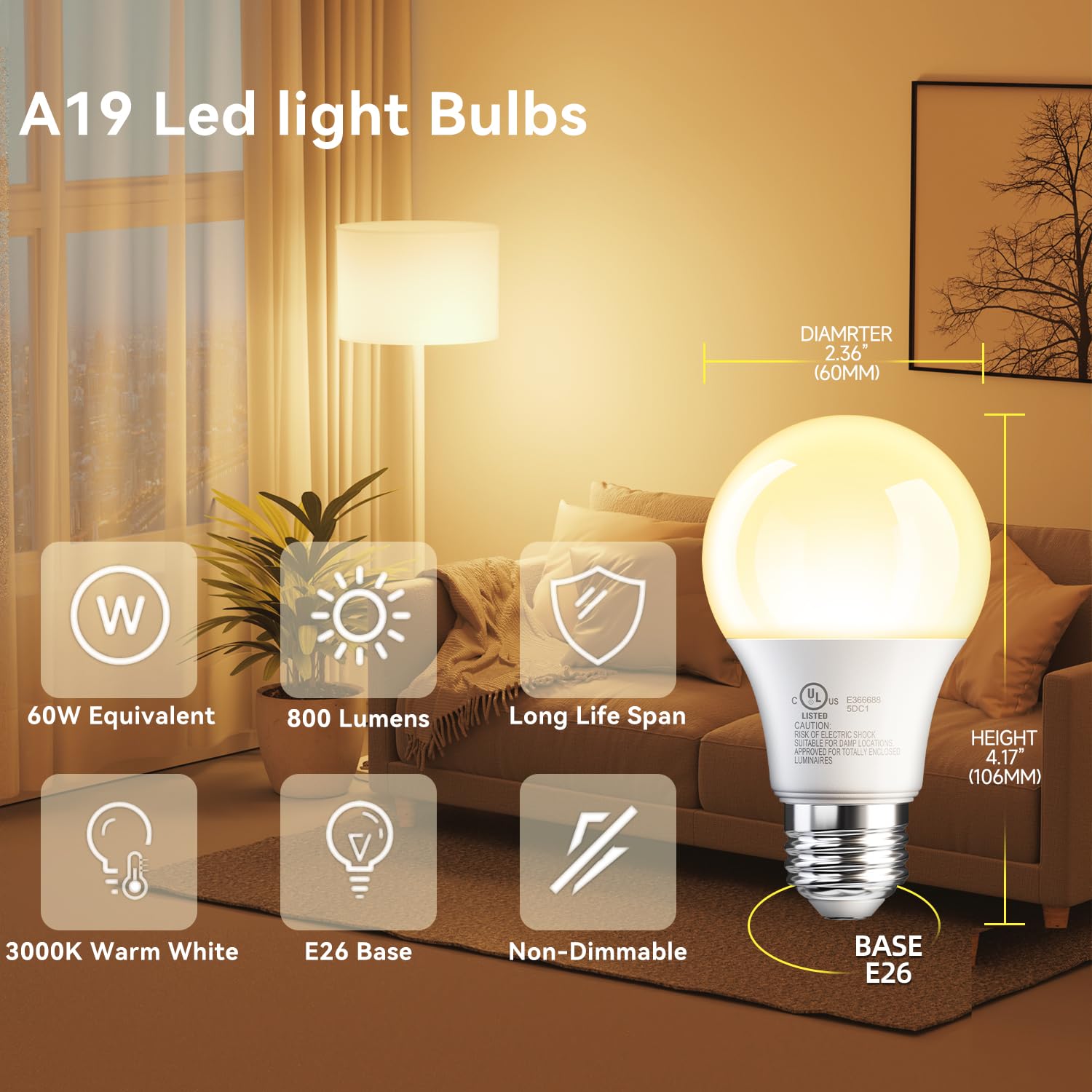 Tjoy 24 Pack A19 Led Light Bulbs Warm White 3000K, 60 Watt Equivalent, Efficient 9W, E26 Standard Base, Non Dimmable Energy Savi
