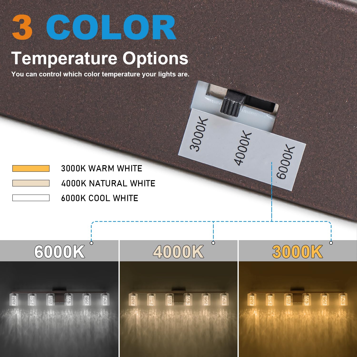 Sinerise 6-Light Bronze Vanity Light With 3 Color Modes (3000K/4000K/6000K), Eye Protection Led Bathroom Light Fixture, Dimmable