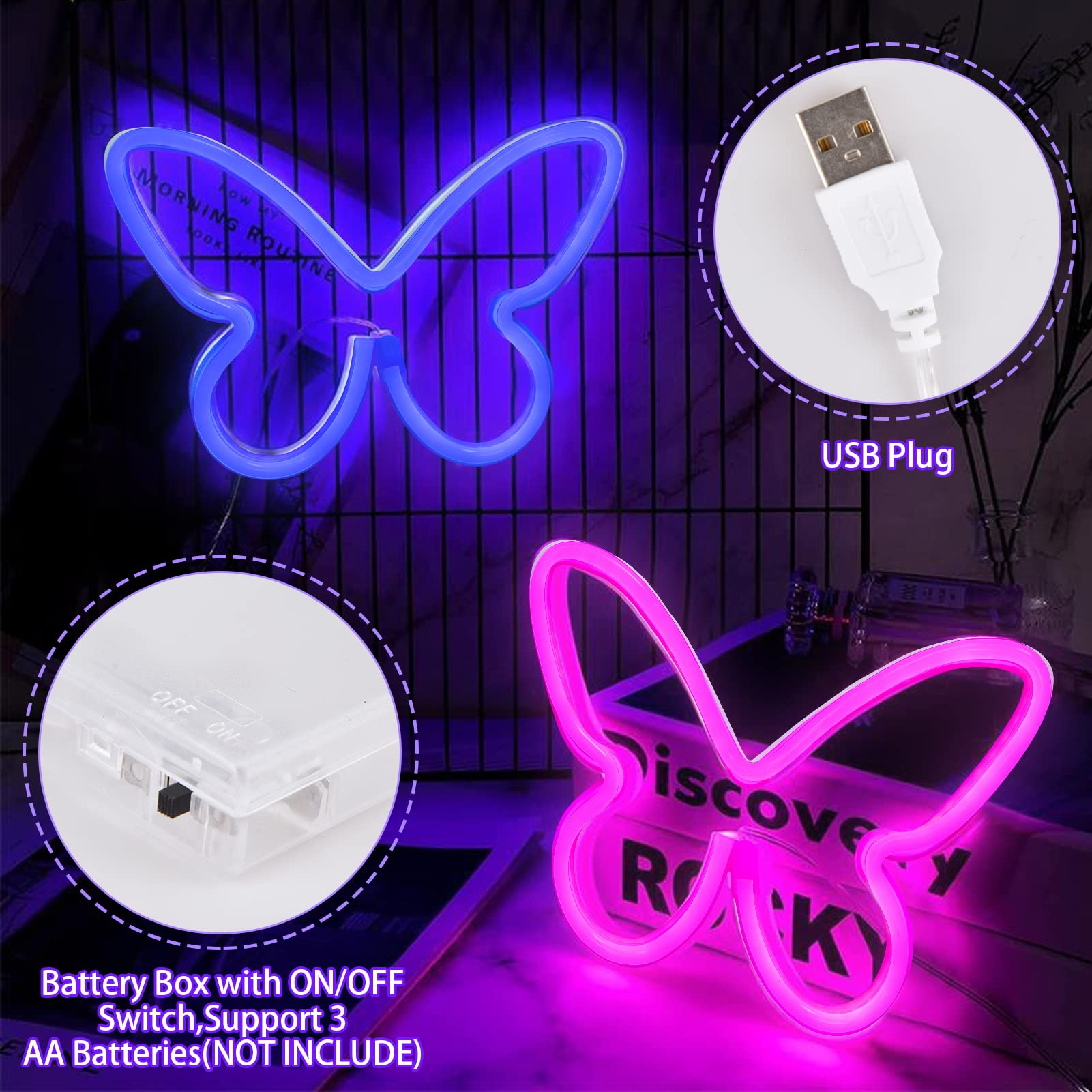 BRIGHTDECK Neon Signs - 3 Pcs Butterfly LED Wall Decor, USB/3-AA Battery Powered, 5 inches, Pink/Blue/Colourful