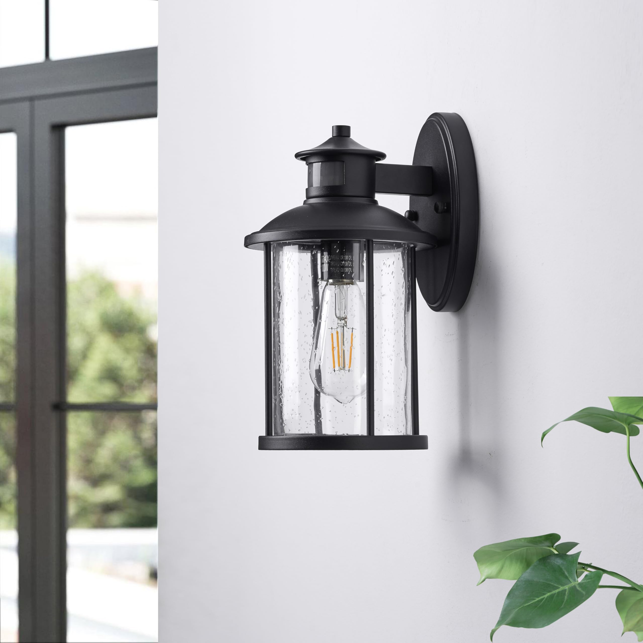 MICSIU Motion Sensor Outdoor Wall Light Fixture, 11.5 Inch, Dusk to Dawn, Matte Black, Clear Seedy Glass, Model 700138
