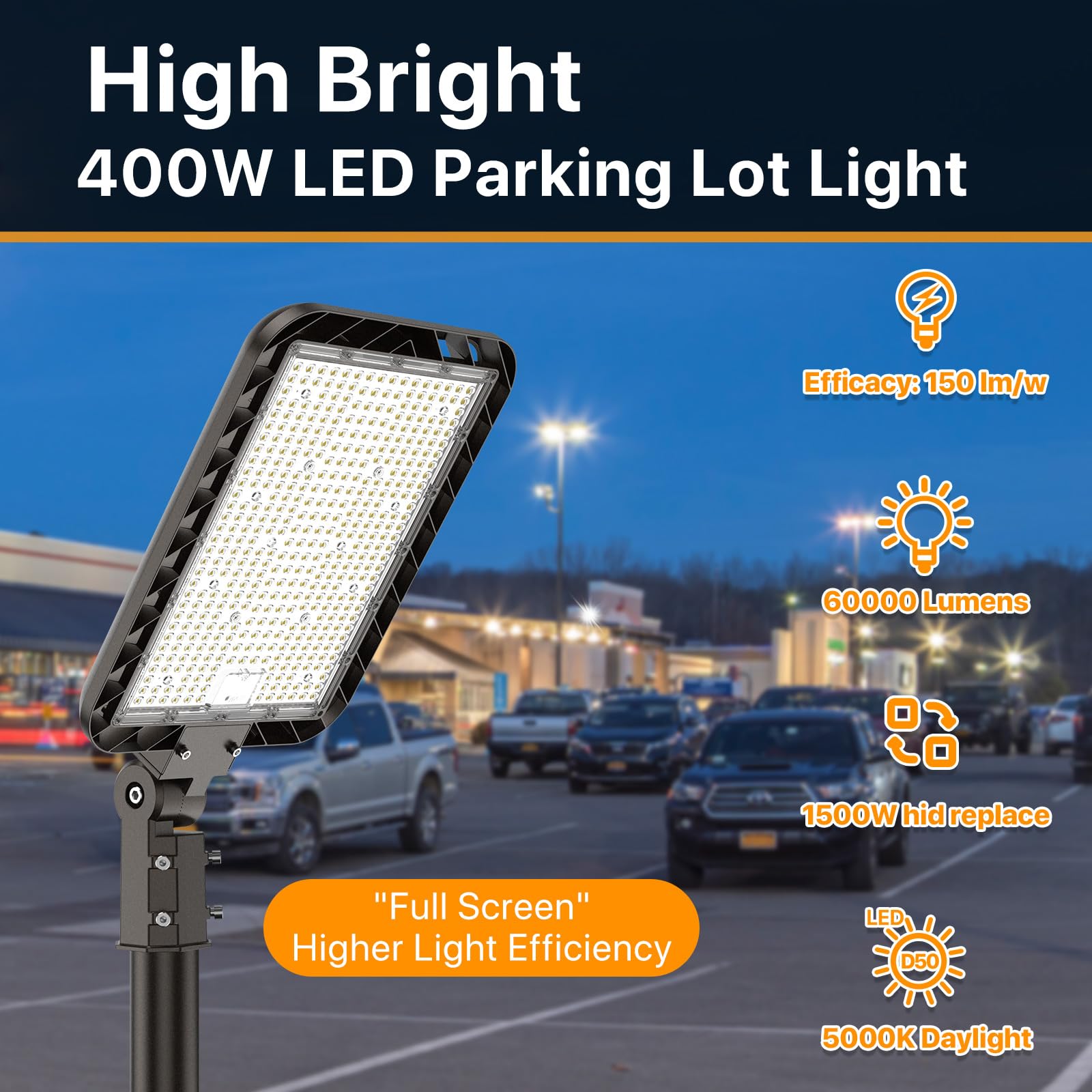 DEMILARE 400W LED Parking Lot Light, 60,000LM, Dusk to Dawn, IP65, Black, Model CB400W, for Commercial Street & Area Lighting
