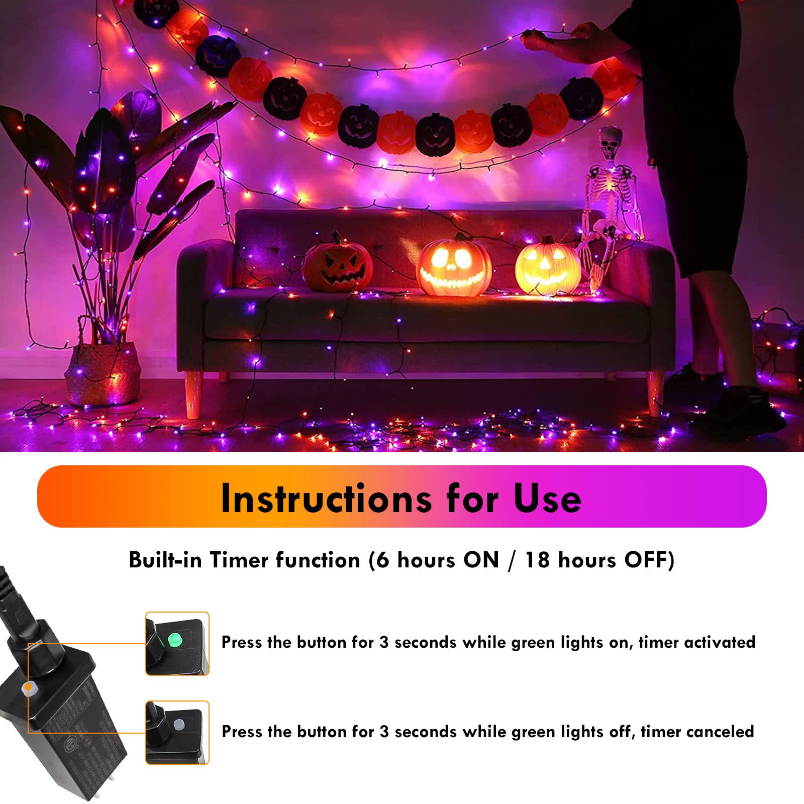 SANJICHA 66FT 200 LED Halloween Lights, Color Changing Orange to Purple, 9 Lighting Modes, Timer, Model MLS-D-02900207-SW