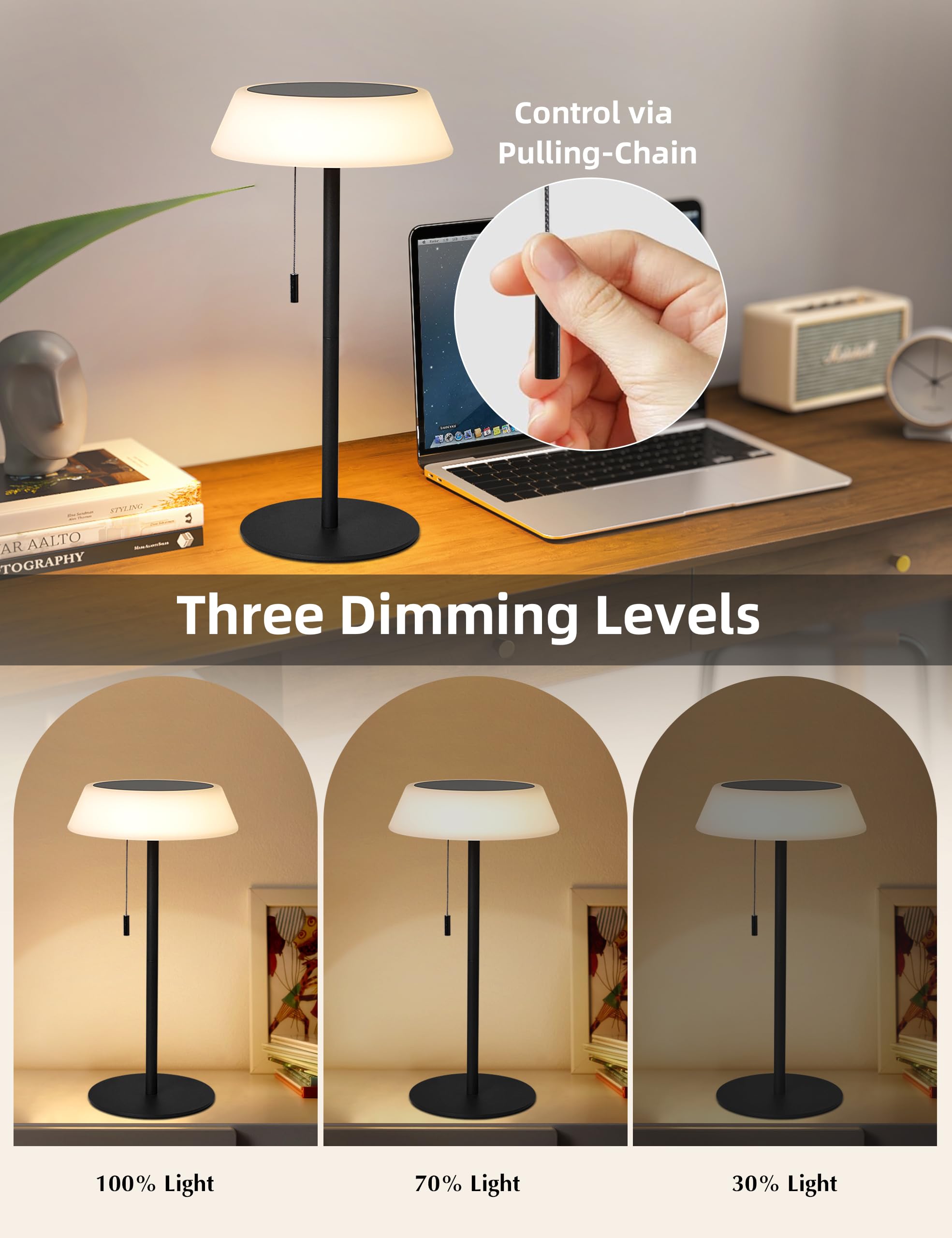 ILOVINIT Solar LED Outdoor Table Lamp, 3 Level Dimmable, 6.7inx6.7inx12.6in, Waterproof, Cordless, Black, Model IL-F015