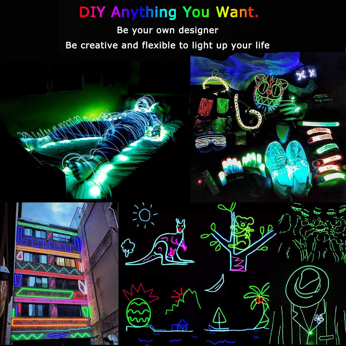 JIGUOOR EL Wire Battery Pack Neon Light Strip 9.8ft Green Copper 360° Illumination for DIY, Parties, Halloween, Christmas