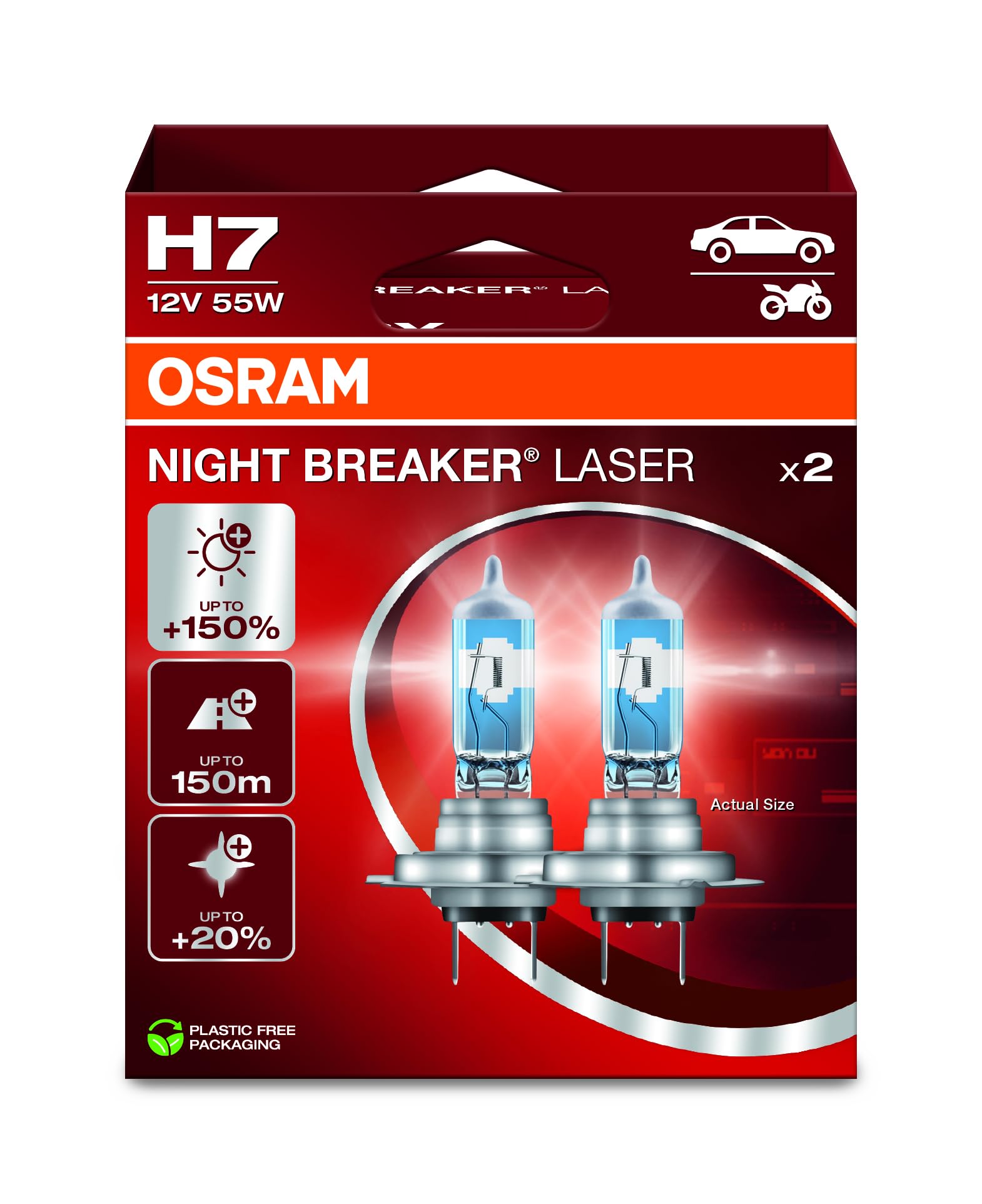 OSRAM NIGHT BREAKER LASER H7 Halogen Headlight Lamp, +150% Brighter, 12V, 2 Lamps, Model 64210NL-2HB, White/Dark