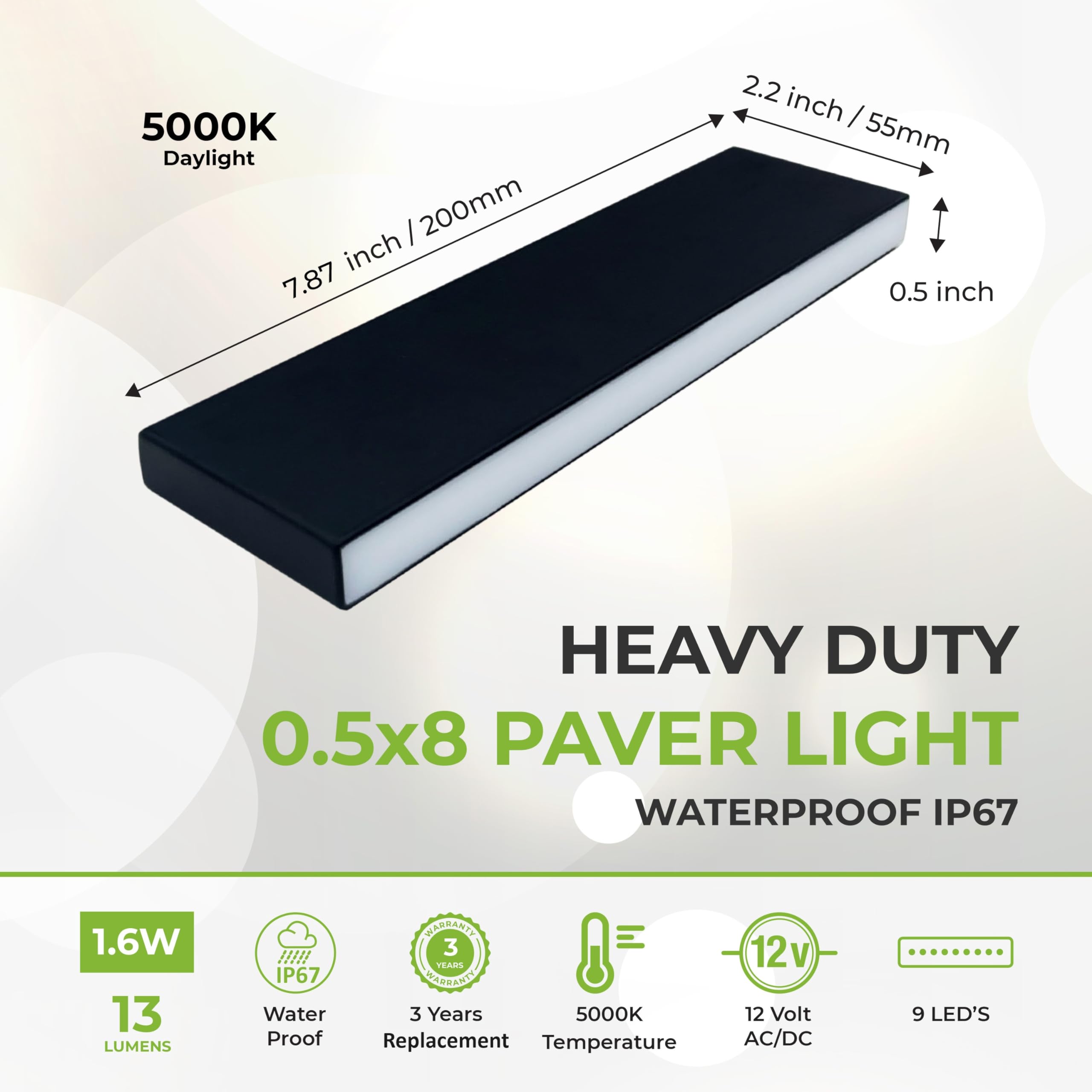 Lumengy Paver Light Slim 0.5X8 Inch Glare-Free Brick Lighting For Pavers, Walls, Driveway, Pathway & Garden, 5000K 12V Waterproo