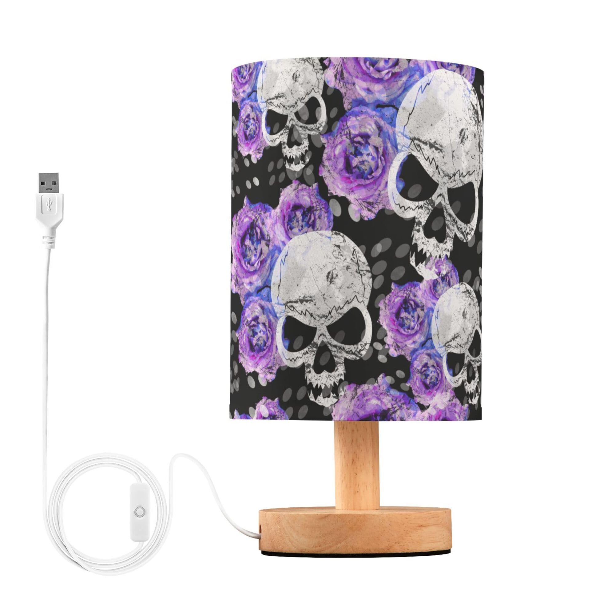 YYZZH Table Lamp Watercolor Skull Purple Blue Rose Flower Floral Gothic Pattern Nightstand Lamp with Wood Base Fabric Lamp Shade