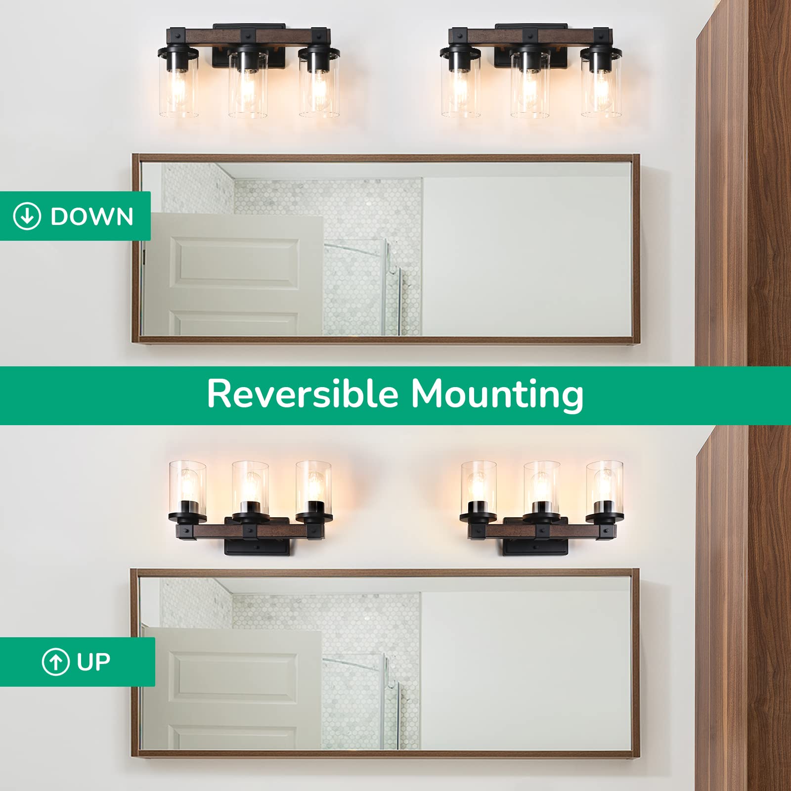 Edishine Farmhouse Vanity Lights For Bathroom & Living Room, 3-Light Over Mirror, Wall Sconce With Clear Glass Shades (E26 Base)