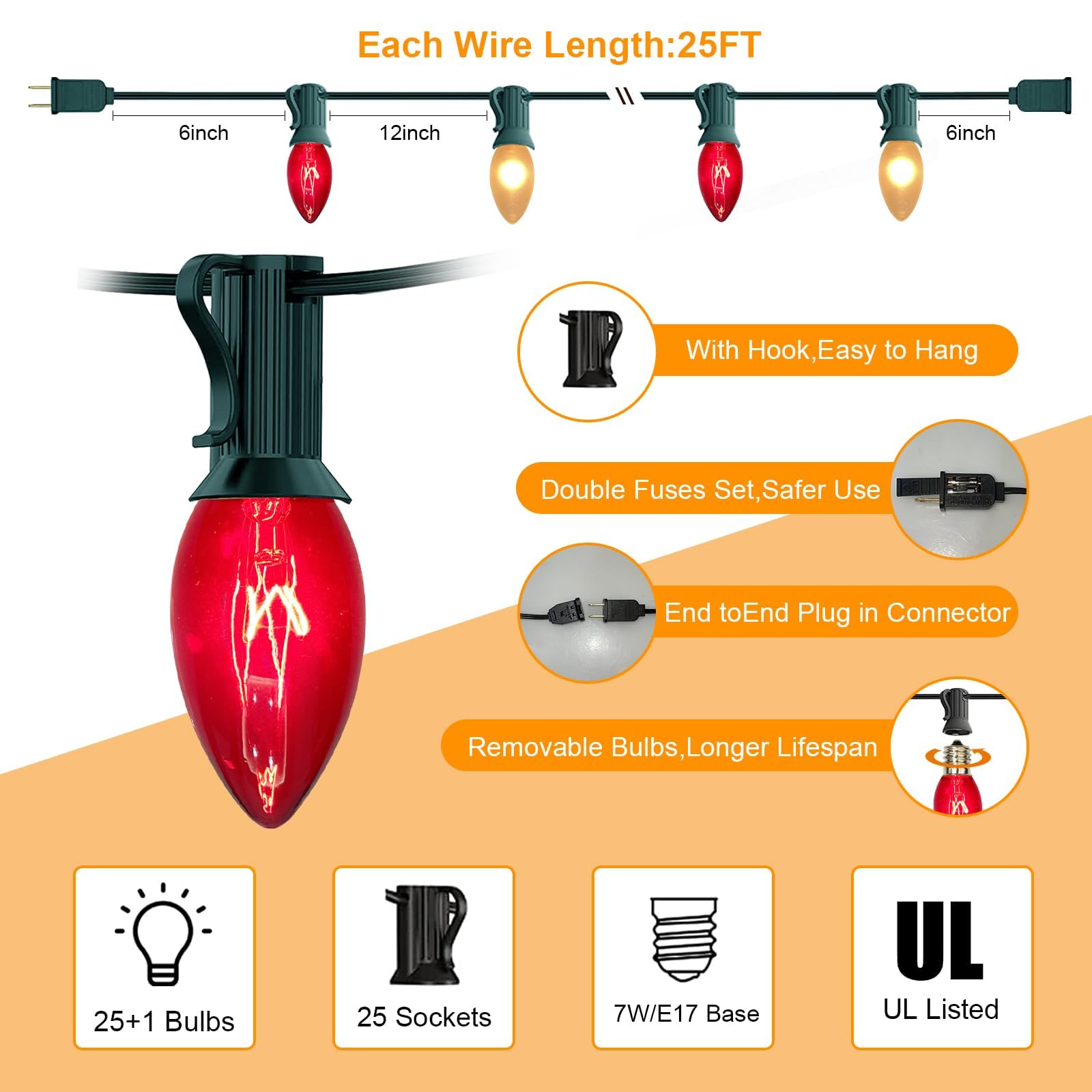 Doratale 25Ft C9 Christmas Lights Outdoor, Vintage Multicolor String Lights With 26 C9 Clear Red/Frosted White Bulbs For Christm