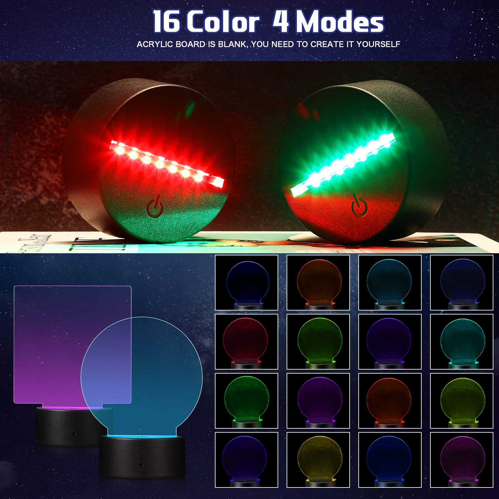 Honoson 3D LED Night Lamp Base Set with 6 Acrylic Sheets, 6 Stands, 6 Remotes, 16 Colors, Clear