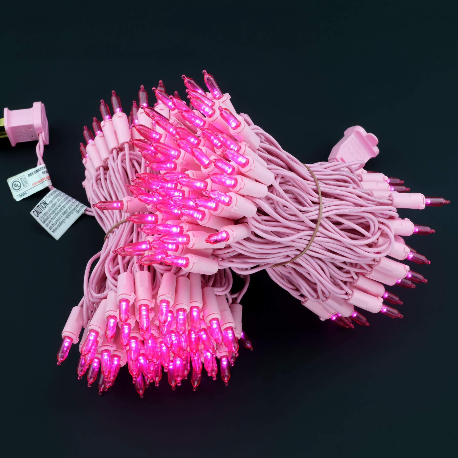 YULETIME 200 Count Pink LED Christmas Lights, 66 Feet, UL Certified, Copper Wire and Acrylic Bulbs, Pink Wire