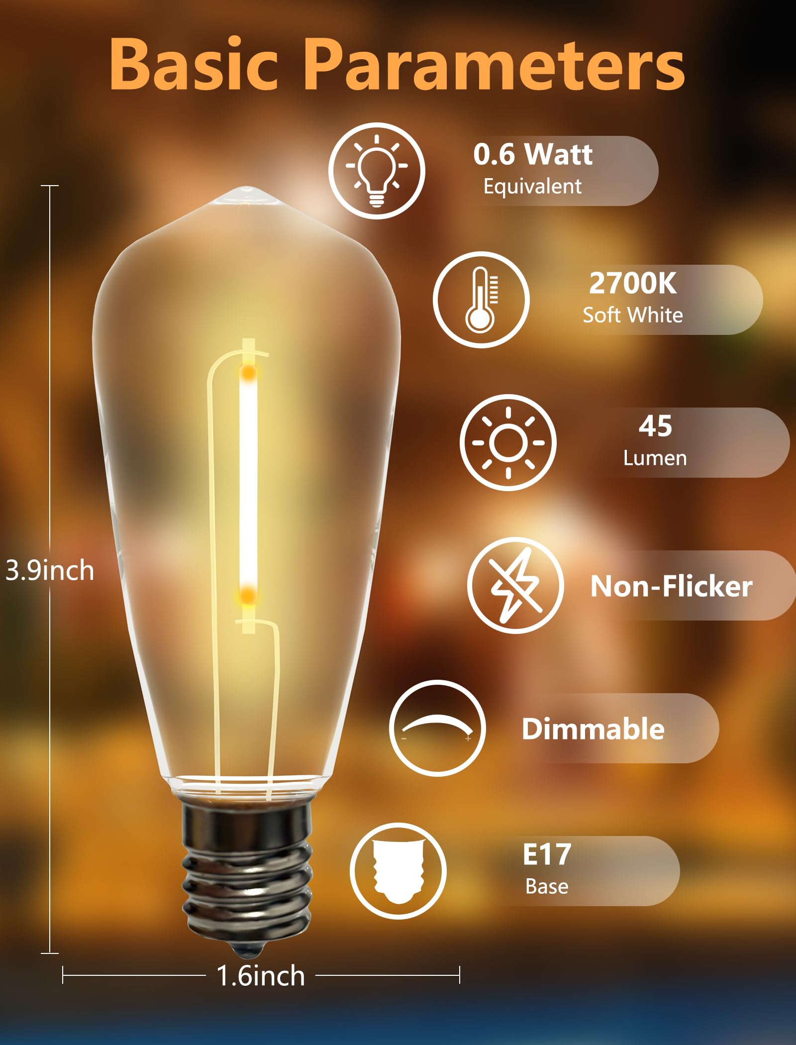 Pallerina 10 Pack E17 LED Vintage Edison Bulbs, Dimmable ST40, Warm White, 0.6W, Clear Plastic Replacement for Chandeliers & String Lights