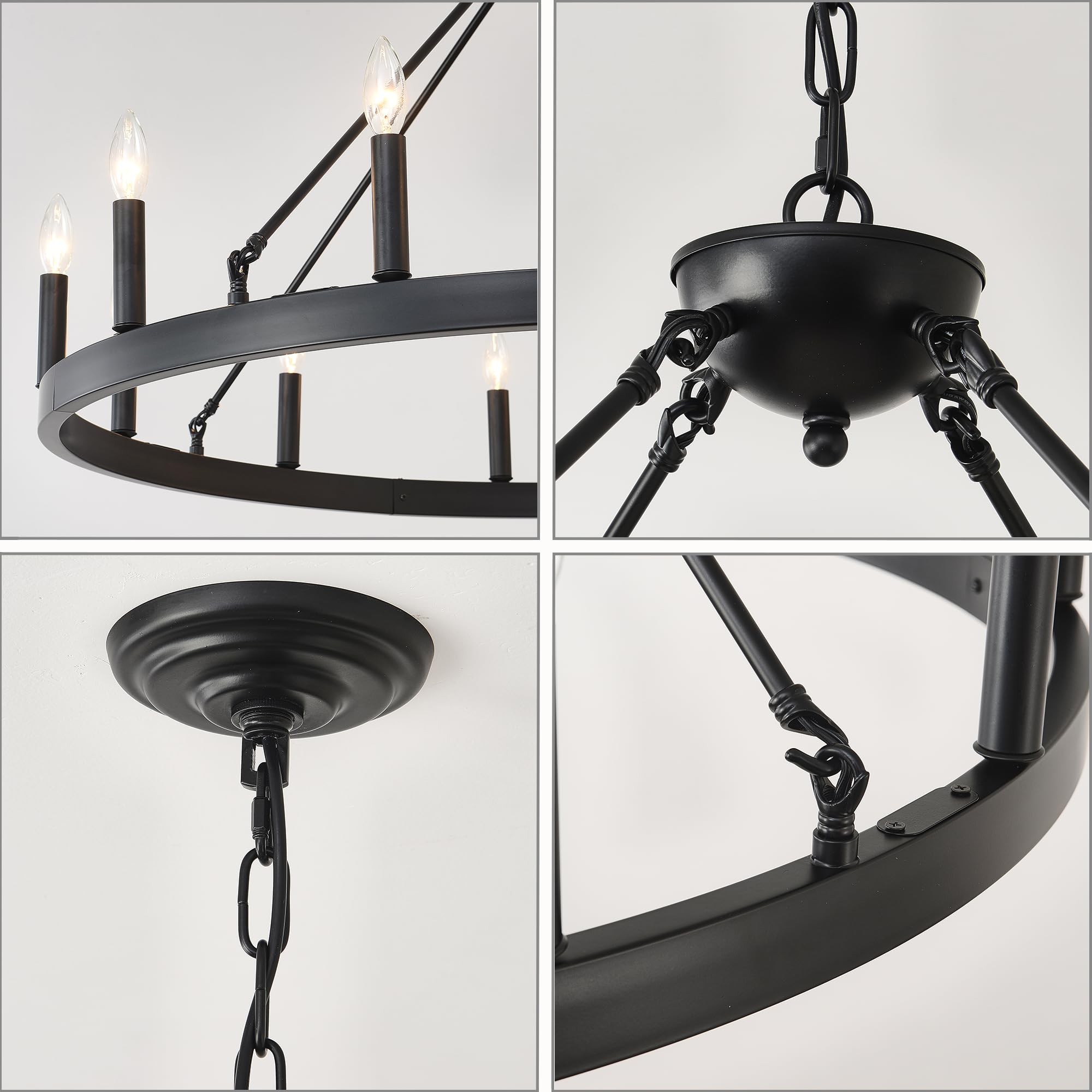 Jtyp 40 Inch Black Farmhouse Wagon Wheel Chandelier,12-Light Round Industrial Pendant Light Fixtures For Outdoor Porch High Ceil