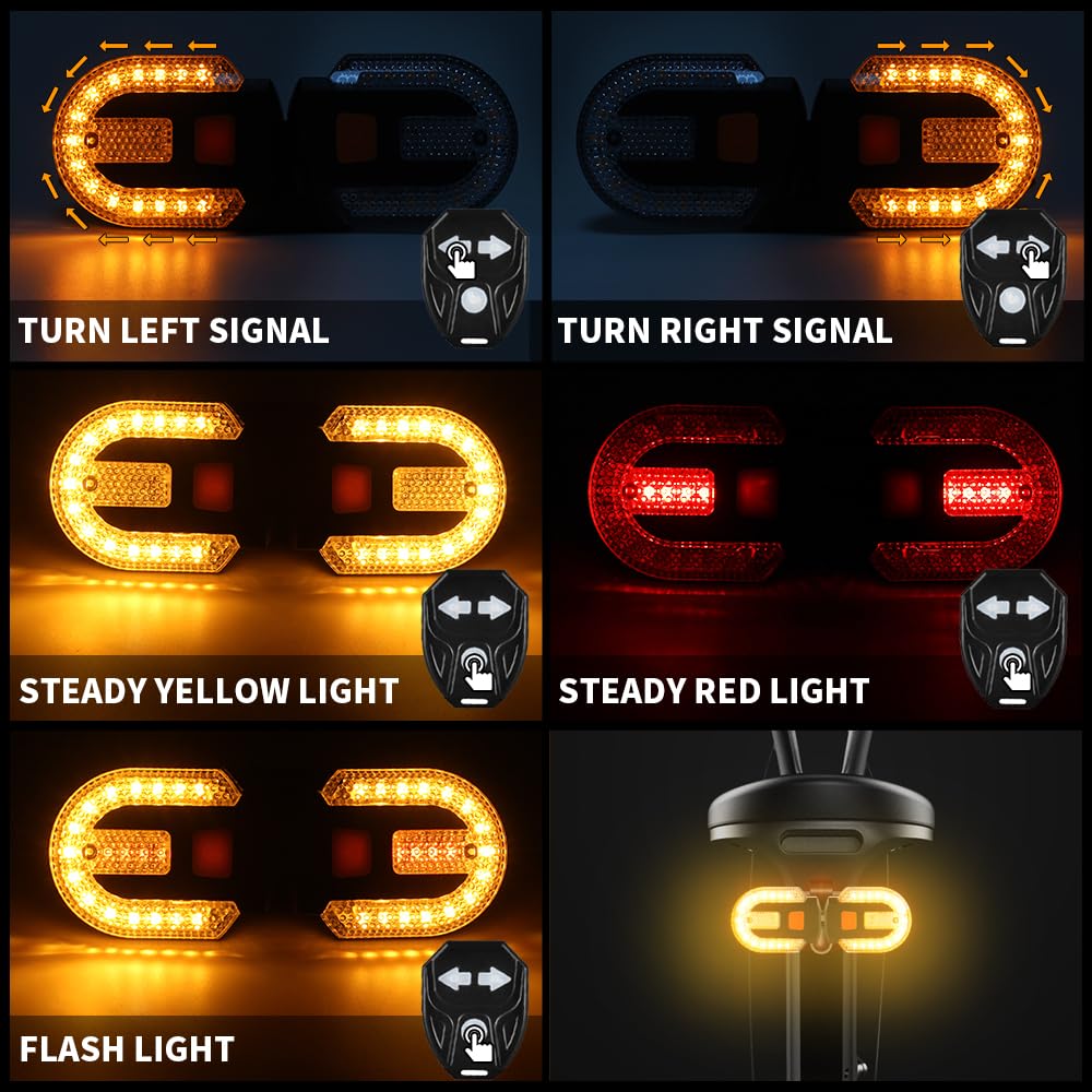 Teguangmei Bike Tail Light 4PCS with Wireless Remote Control, USB Rechargeable, Split Type, Yellow+Red, Cycling Safety Warning