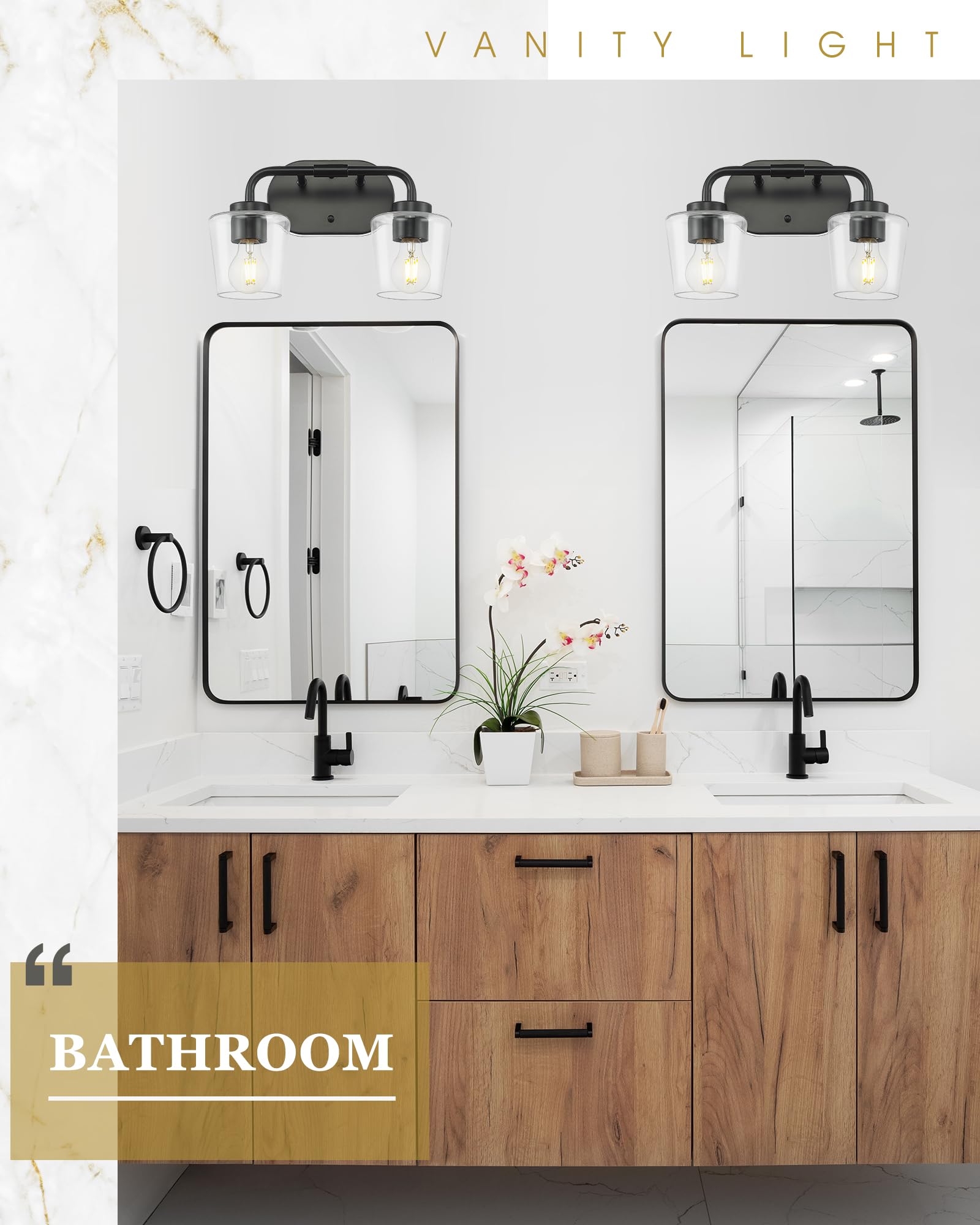 Audickic Bathroom Light Fixtures, 2-Light Matte Black Vanity Lights Over Mirror With Clear Glass, Modern Vanity Lighting Fixture