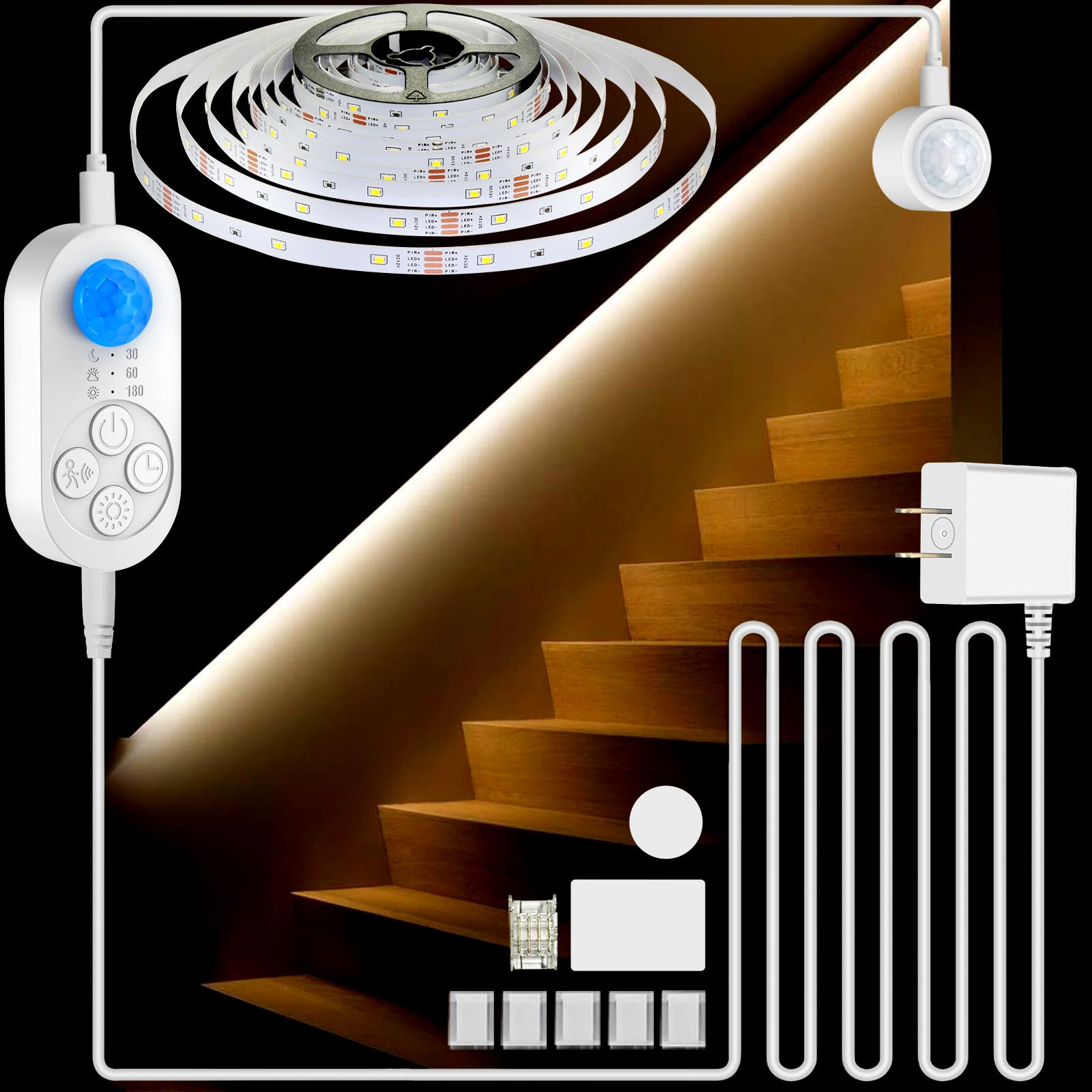 orgaror Dual Sensor Stair Lights Indoor  Motion Activated Plug-in Step Light Band Indoor with Dimmer  Delay Timer for Stairway (Warm White 3000K (16.4FT Light Band)  Power Adapter (16.4FT Cable))