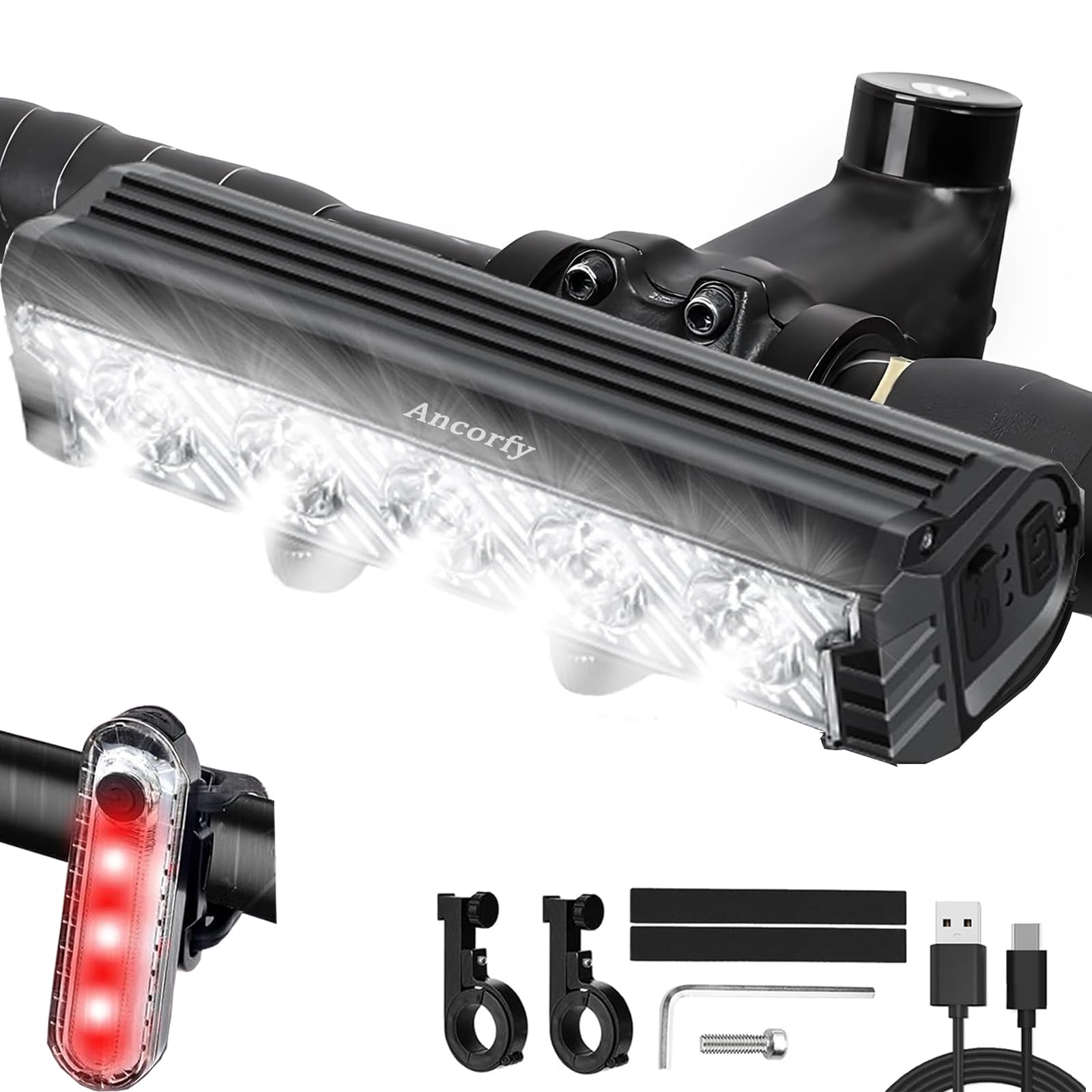 Ancorfy 5 LED 2500 Lumen Super Bright Bike Lights for Night Riding  5 Modes Bicycle Headlight  Rechargeable and Waterproof Bike Headlight and Tail Light Set for MTB Off-Road Cycling Commuting