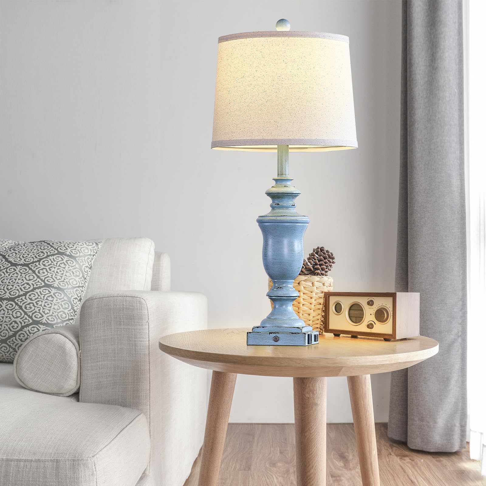 SAIWEYA 27.5in Farmhouse Table Lamps Set of 2, 3 Way Dimmable, Resin, Antique Blue, Model TM-T04, USB & AC Outlet