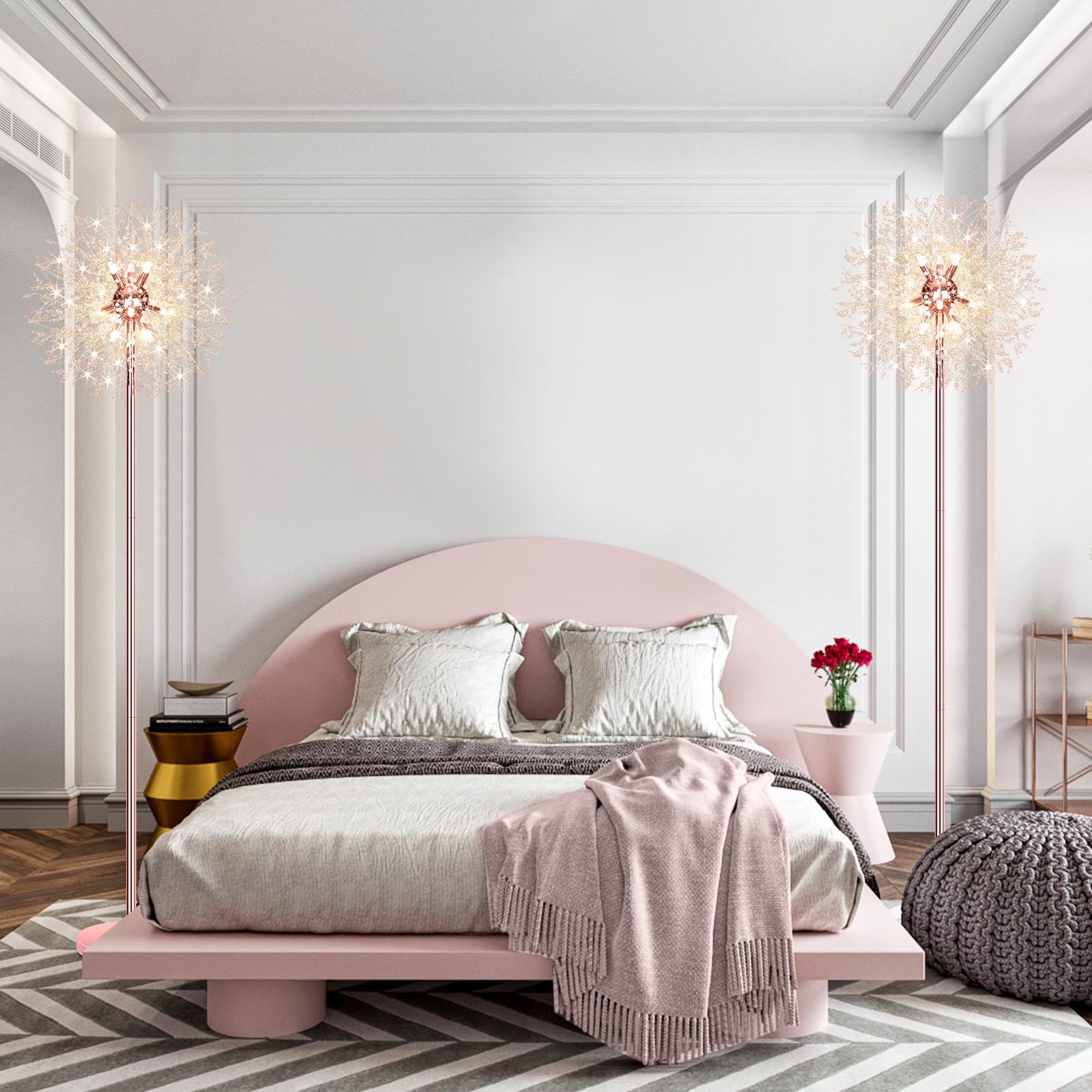 Beslowe 69 Crystal Floor Lamp For Living Room  Modern Standing Lamp With 738Pcs K9 Crystals  Tall Lamp Pole Light For Bedroom Office  Mid Century Floor Lighting With 9 Led Bulbs  Rose Gold