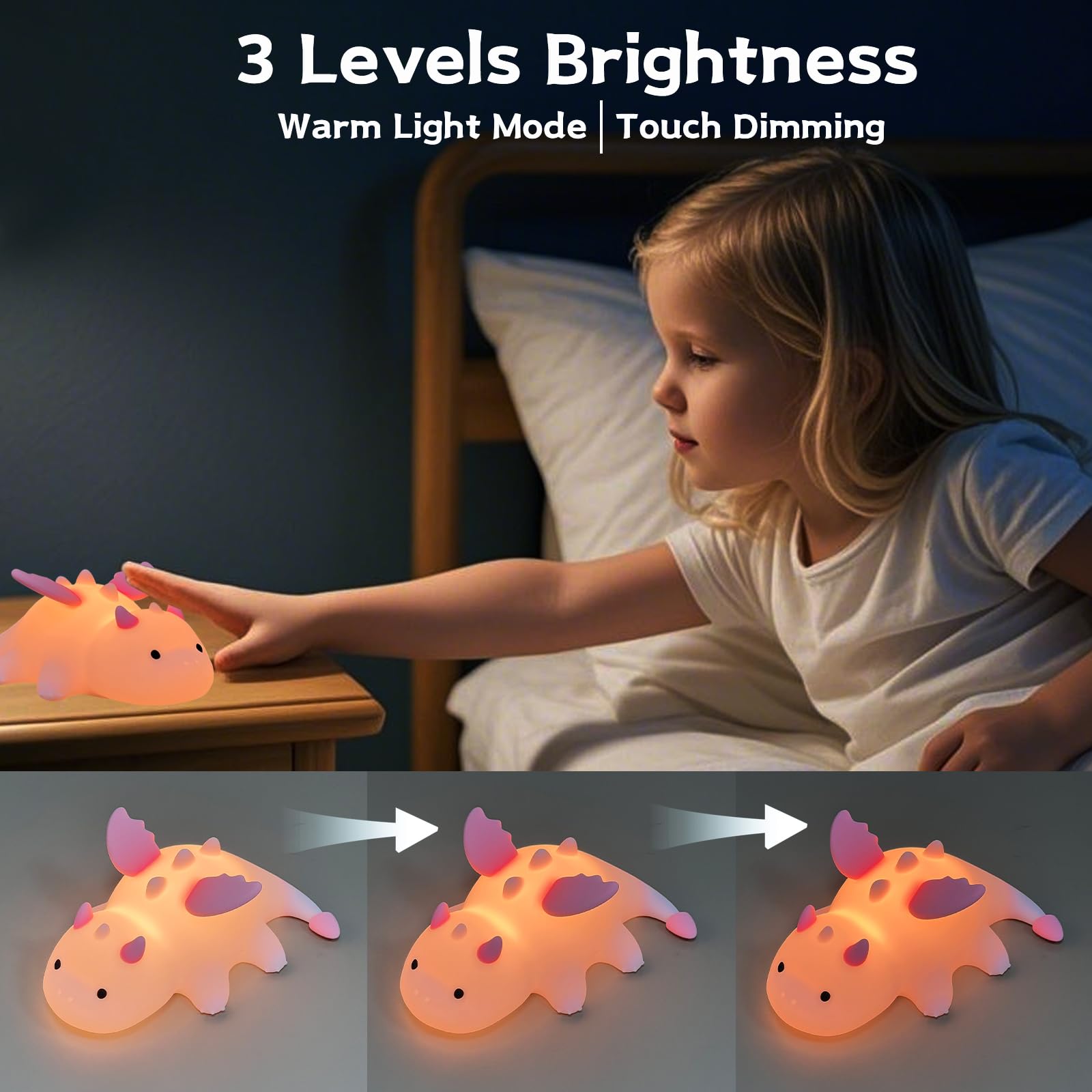 Milk Dragon Night Light for Kids, Cute Dinosaur Lamp Gifts for Boys and Girls, Dimmable Silicone Animal Magnetic Bedside Lamp, R